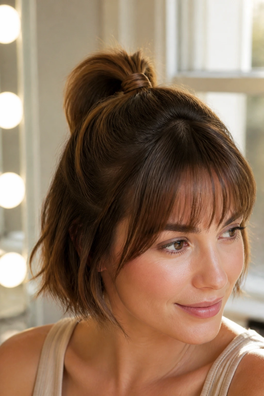 Close-up of real woman's head showing a wrapped mini ponytail at the crown.