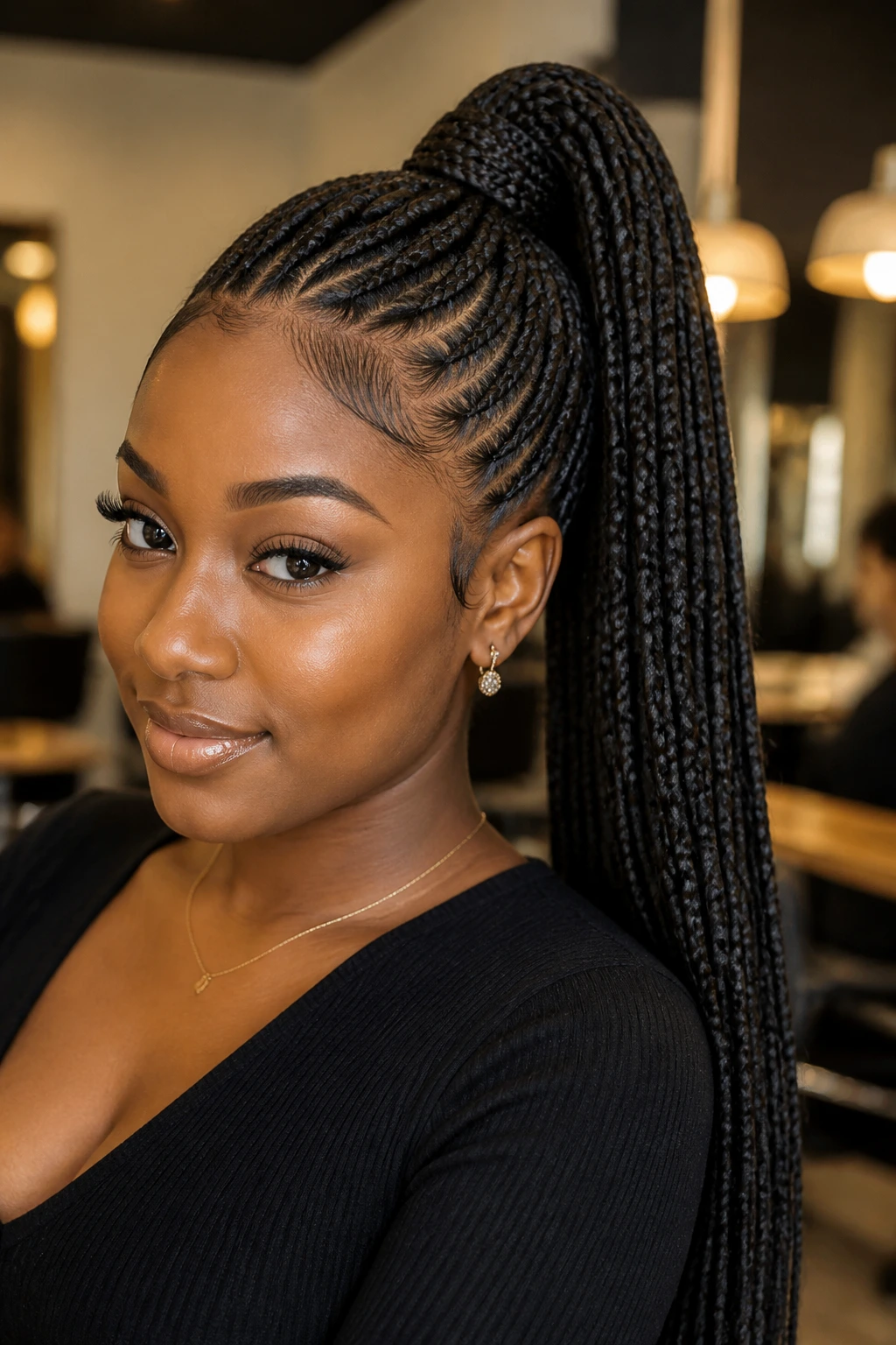 Three-quarter view of a real Black woman with wrapped ponytail braids in a chic salon