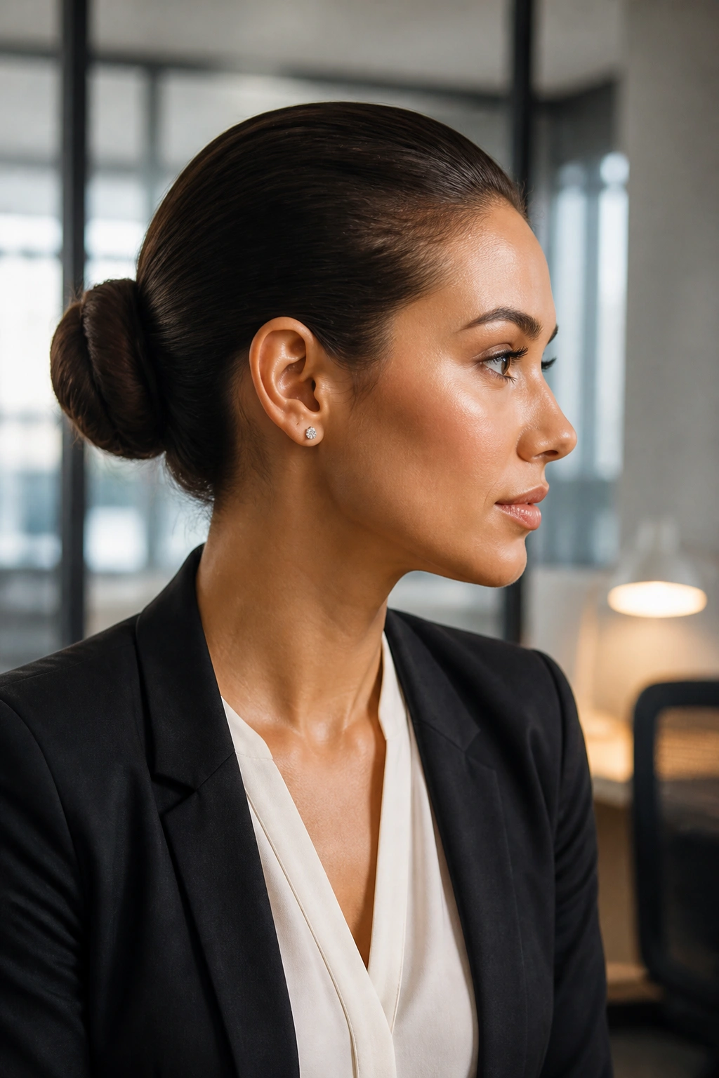 Close-up portrait of a real woman with a wrapped ponytail bun in a bright office