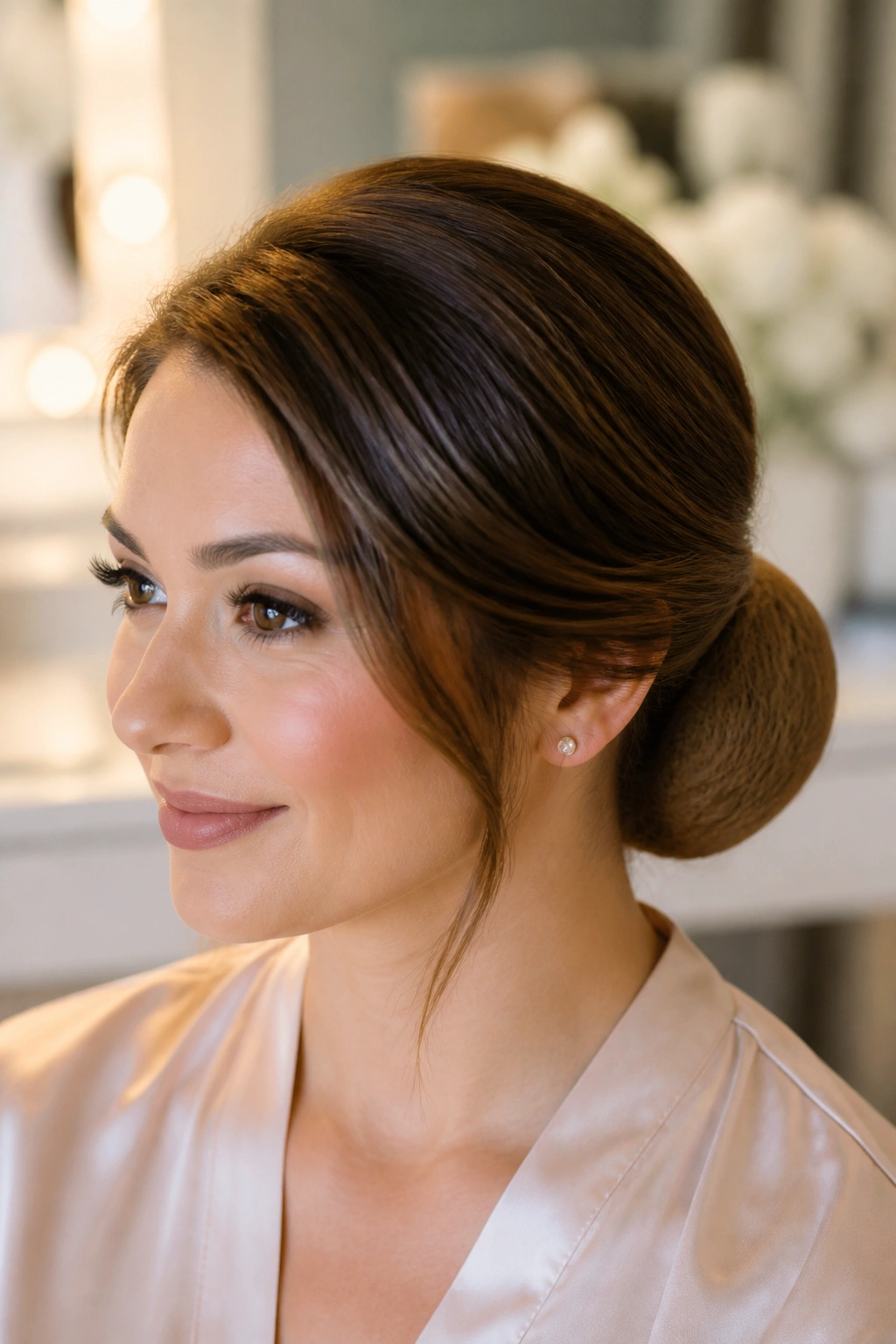 Close-up of wrapped ponytail chignon with hairnet on a real woman