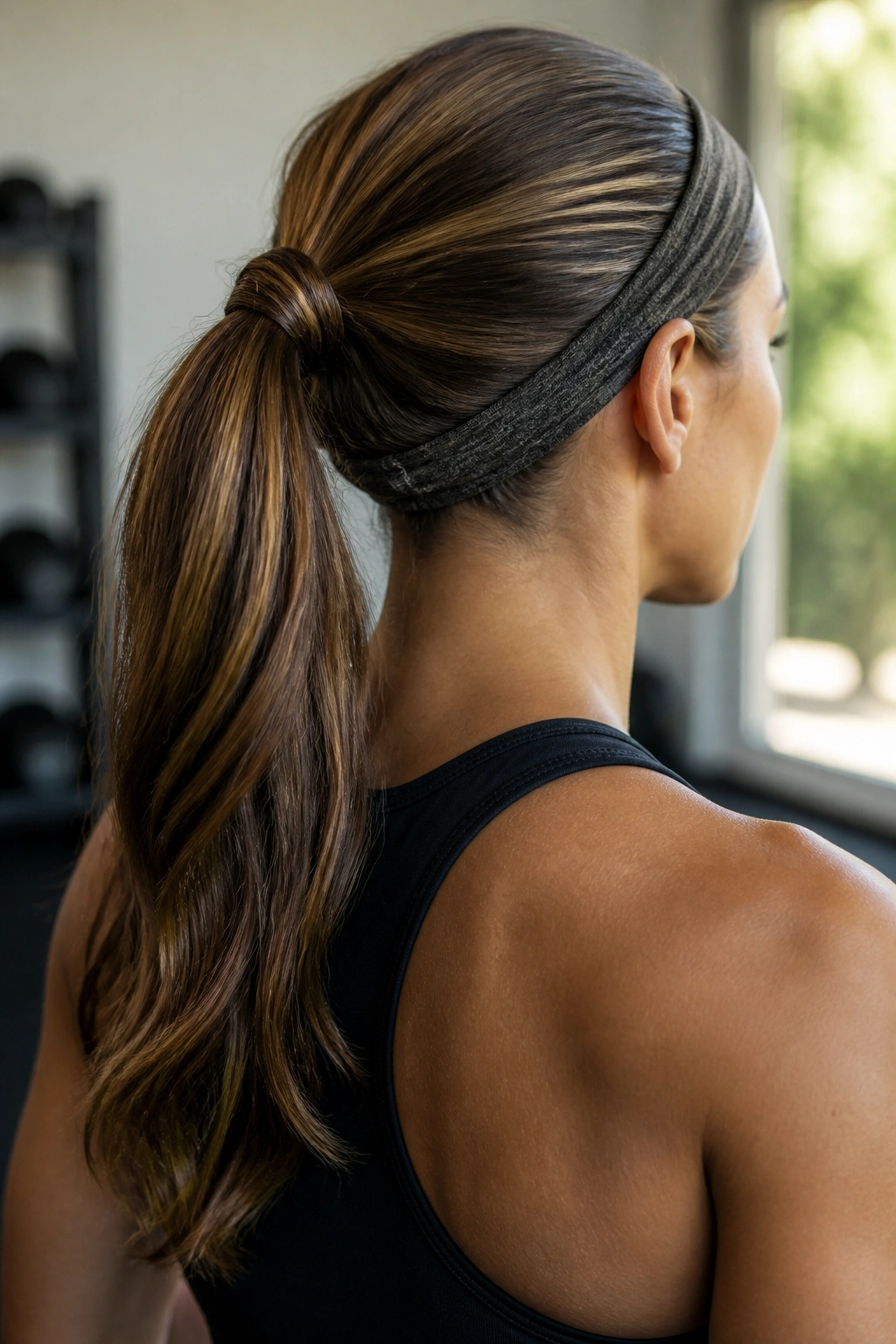 Rear three-quarter portrait of a real athlete with wrapped ponytail in a gym
