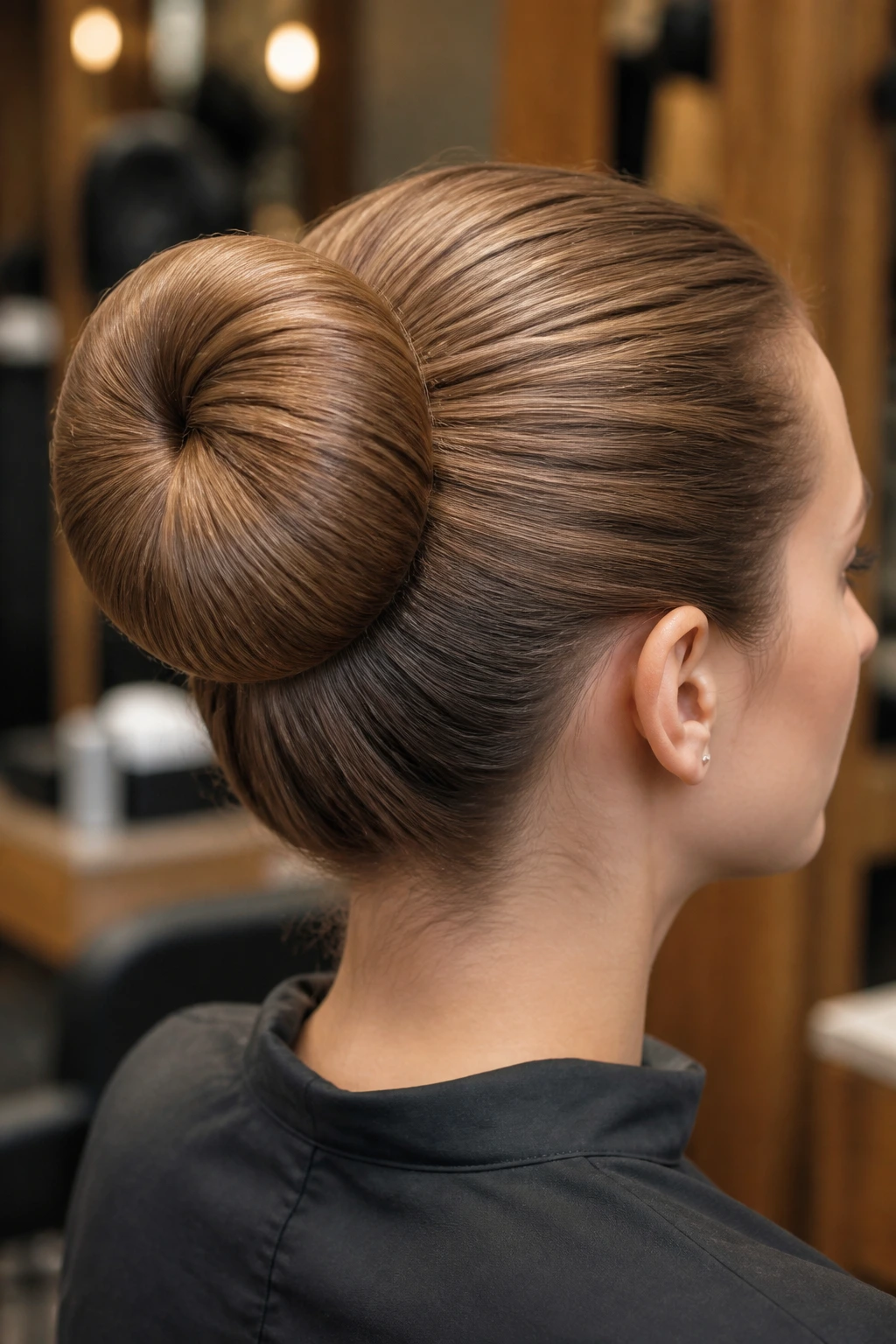 Close-up of a real woman's wrapped ponytail donut bun in a salon