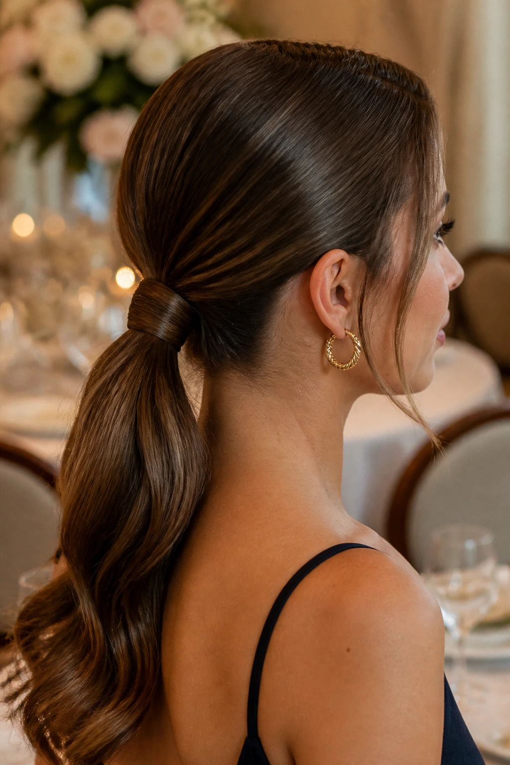 Close-up of a real woman with a wrapped low ponytail at the nape