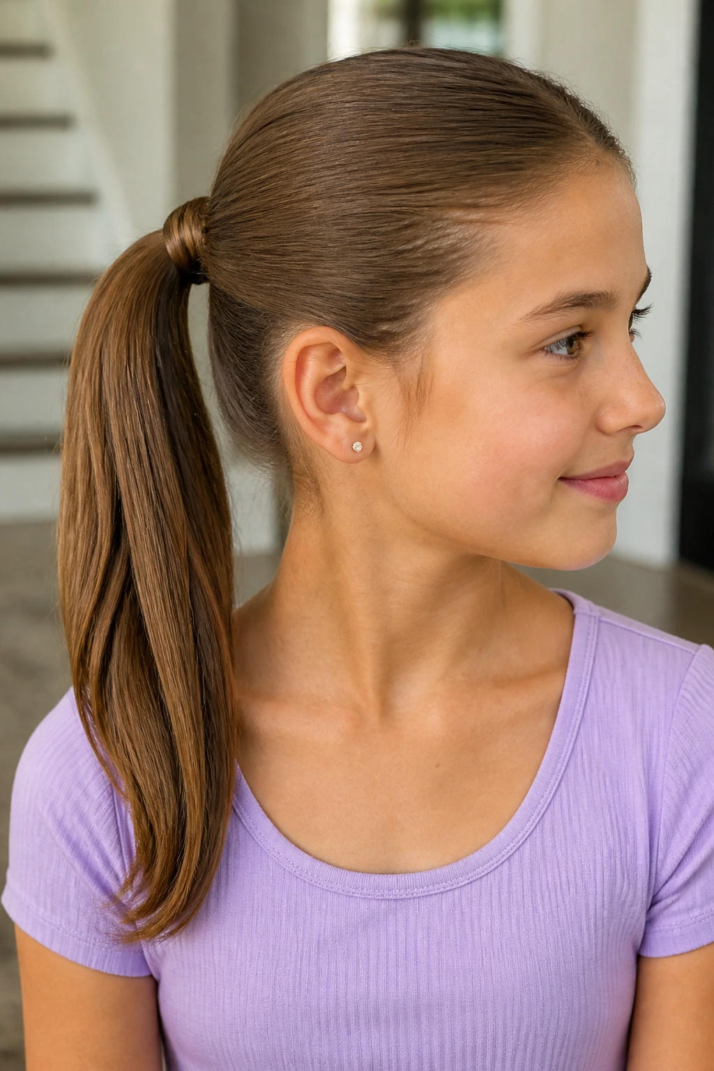 Real girl with a ponytail wrapped around the elastic to hide it.