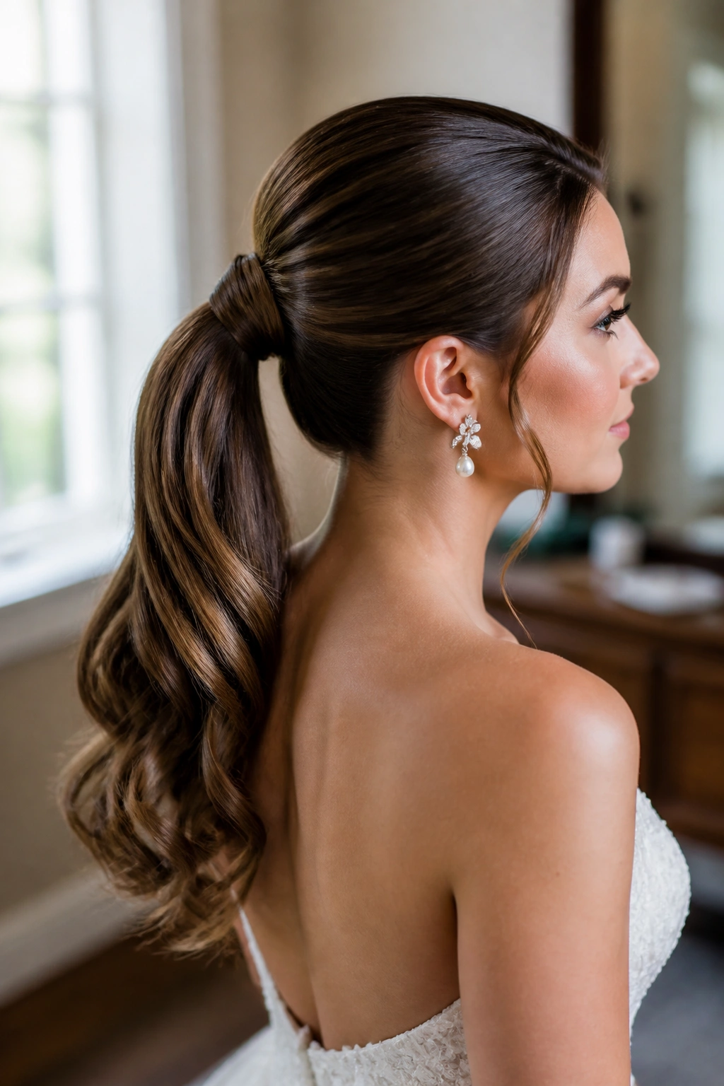 Close-up profile of a bride's wrapped ponytail updo with neatly wrapped base and flowing tail.