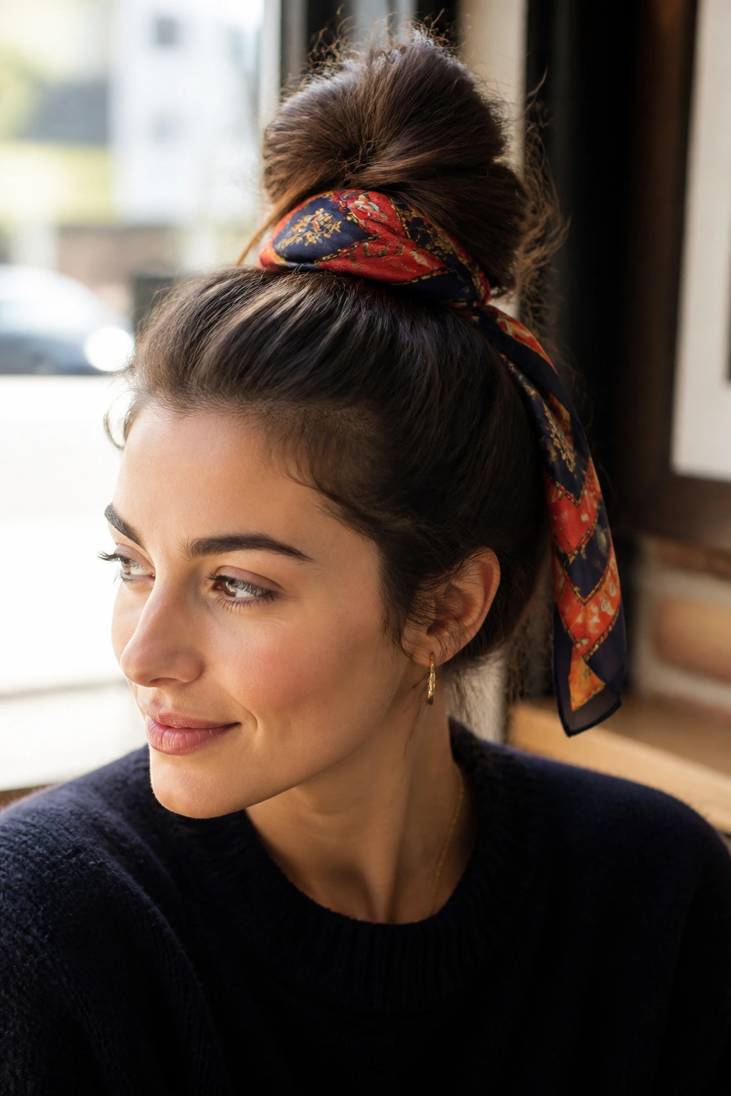 Close-up of real person with wrapped scarf top knot, scarf around bun in warm cafe light.