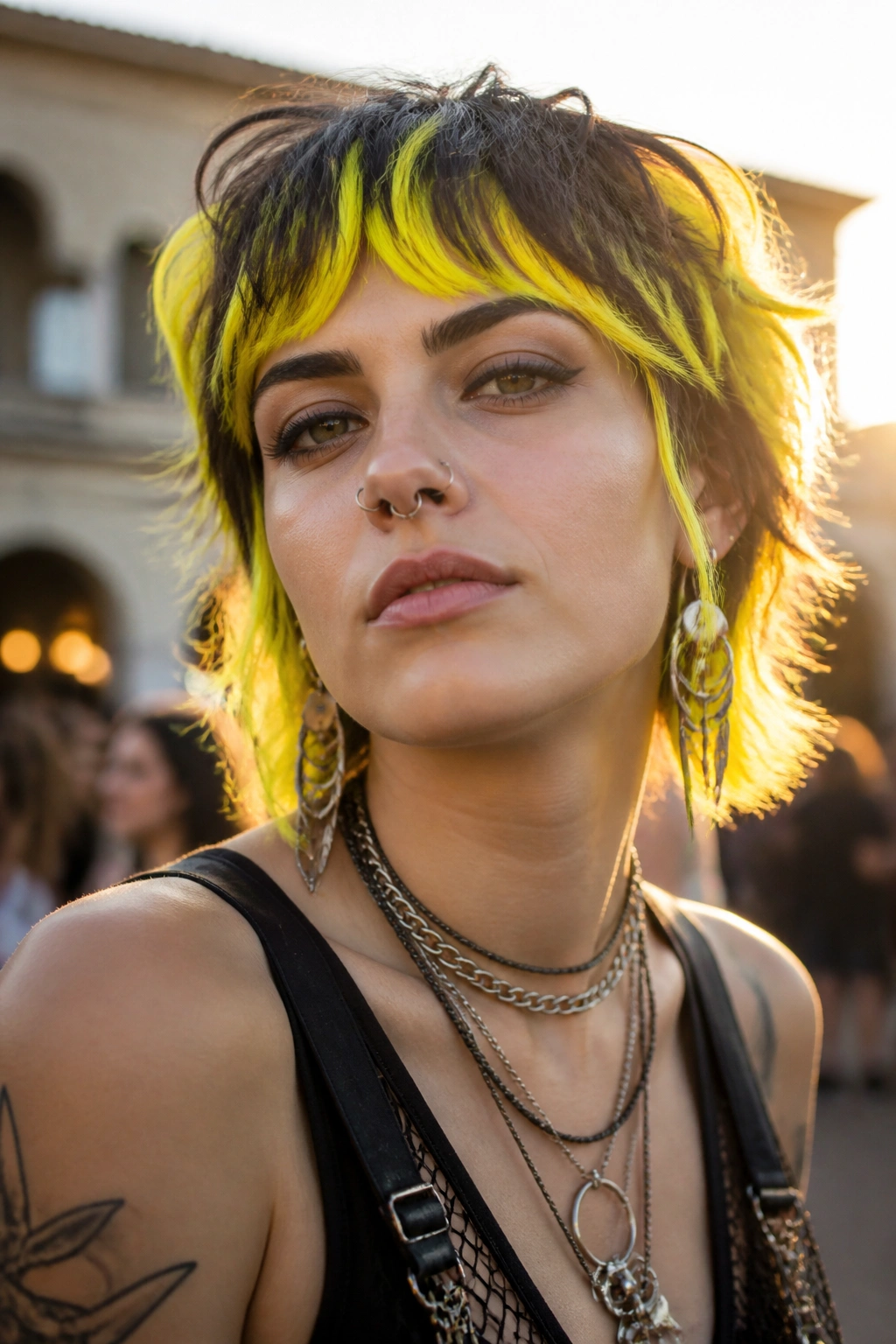 Real person with chunky yellow streaks in a shag hairstyle, festival lighting