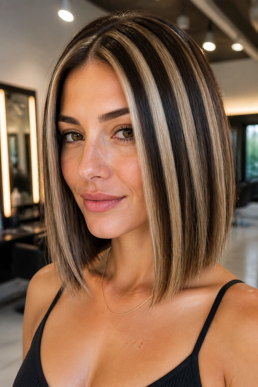 Close-up portrait of a real woman with zebra stripe highlights on straight hair