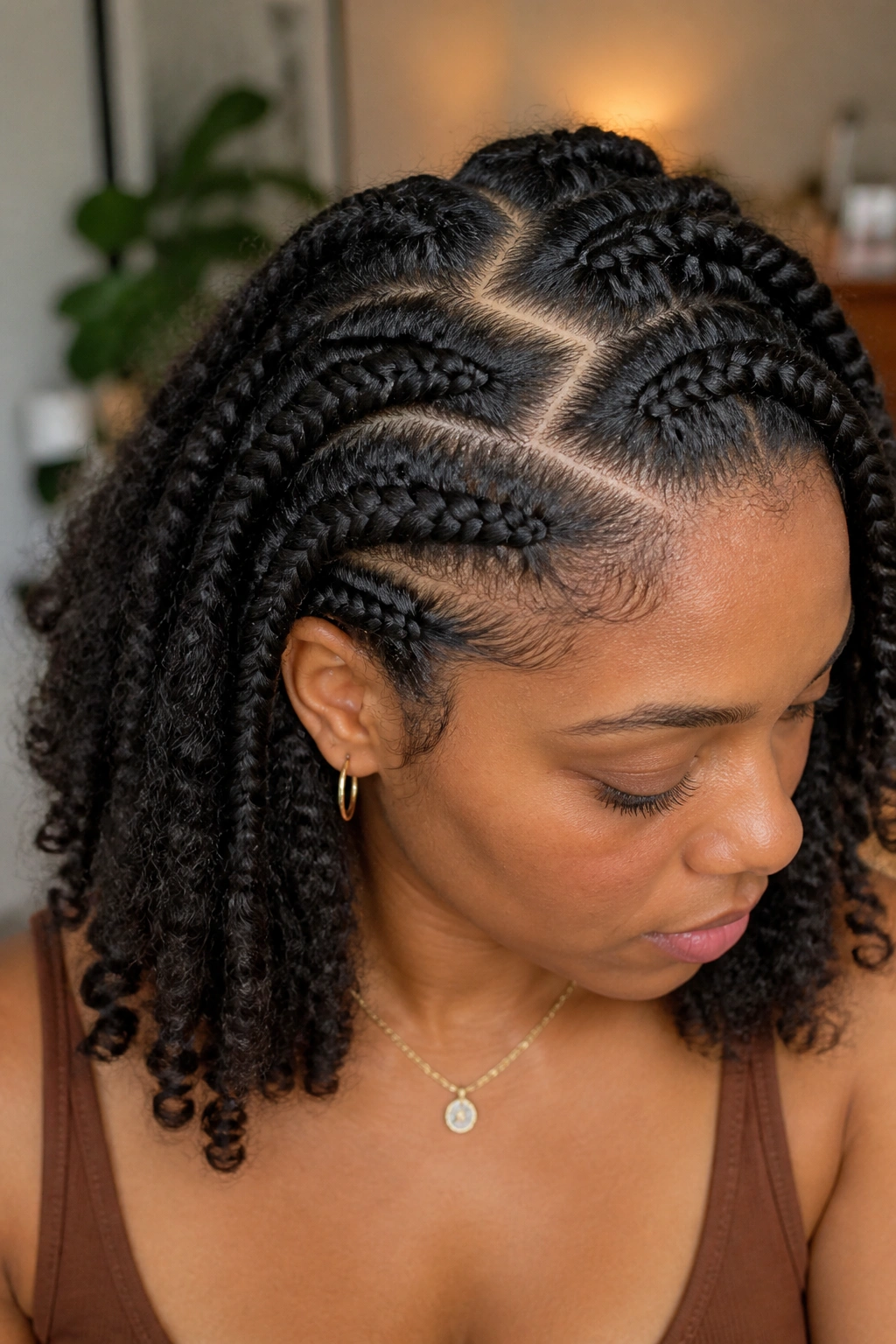 Close-up of real woman with zig-zag part braid out showing textured hair