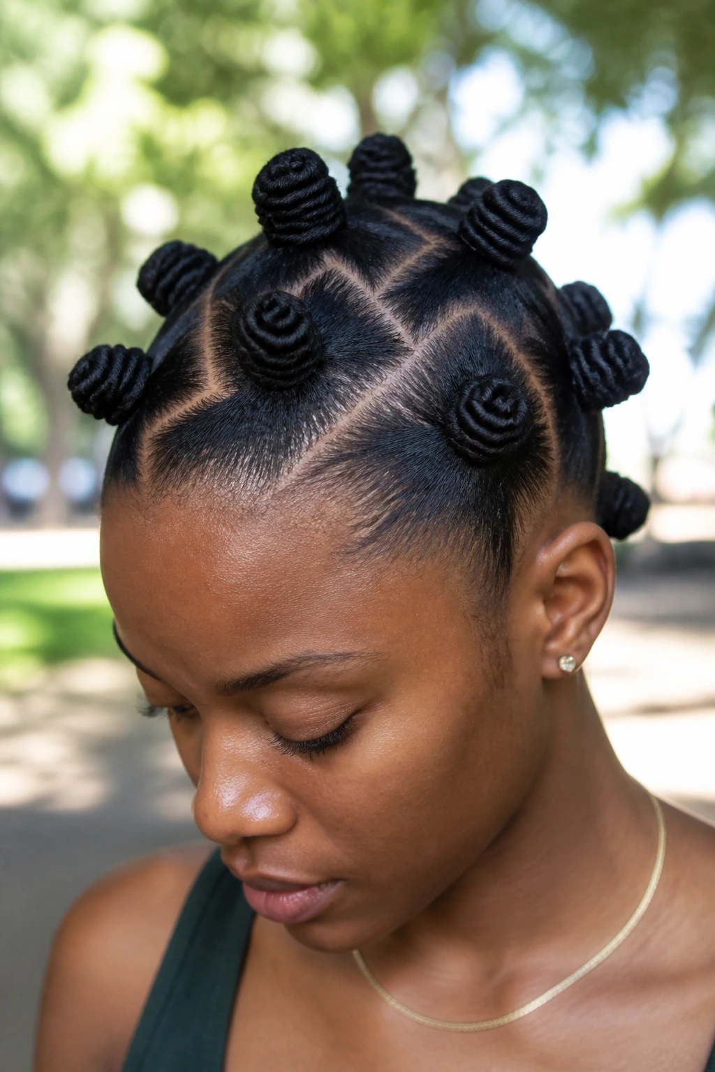 Close-up of a real person with zigzag-part Bantu knots under natural daylight