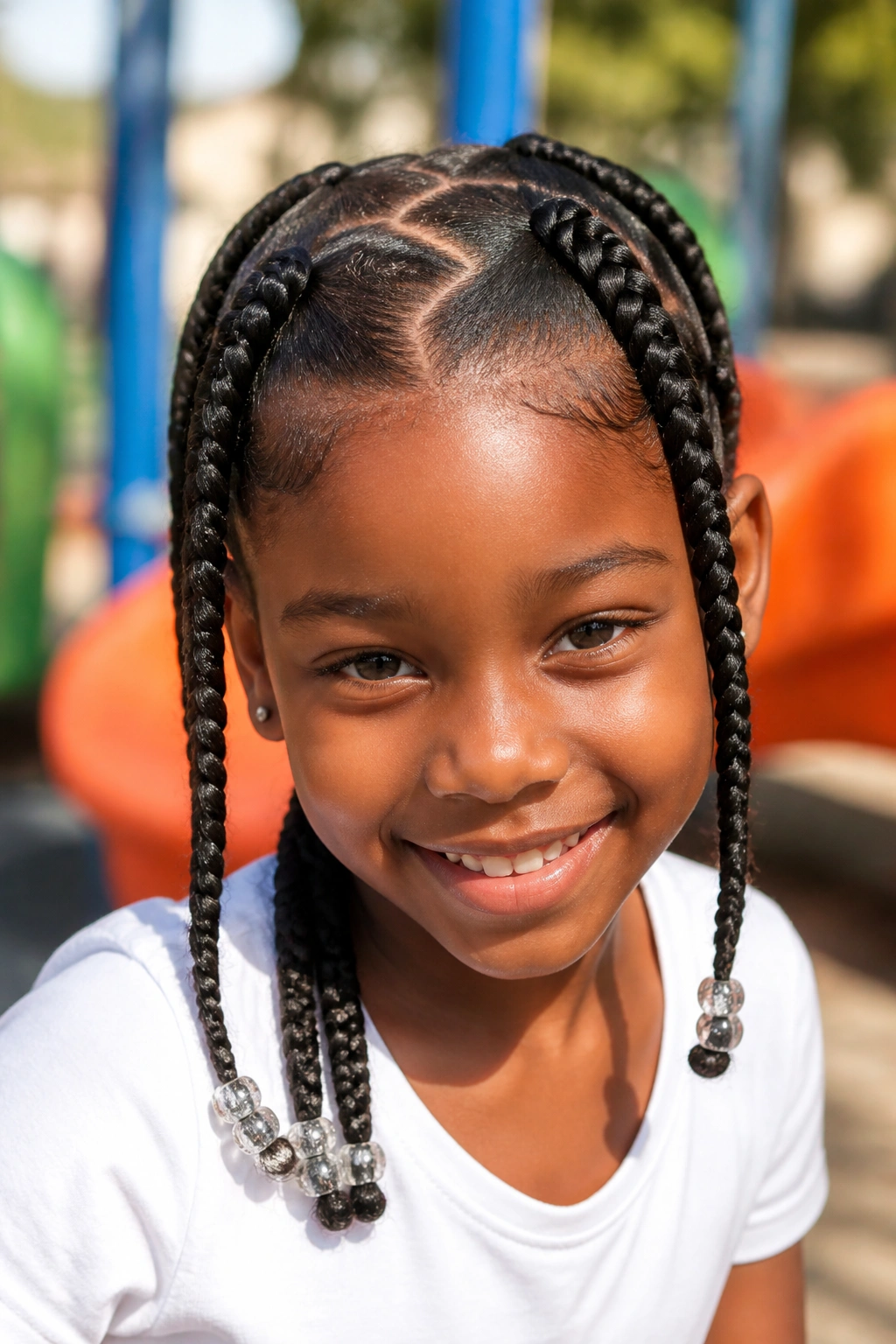 Real girl with zigzag parting and four braids outdoors