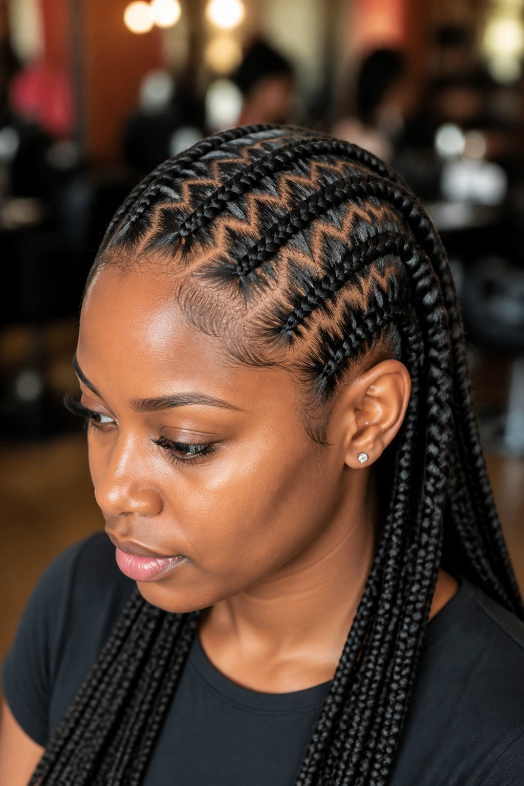 Close-up of a real Black woman with zig-zag part braids, scalp detail in a warm salon
