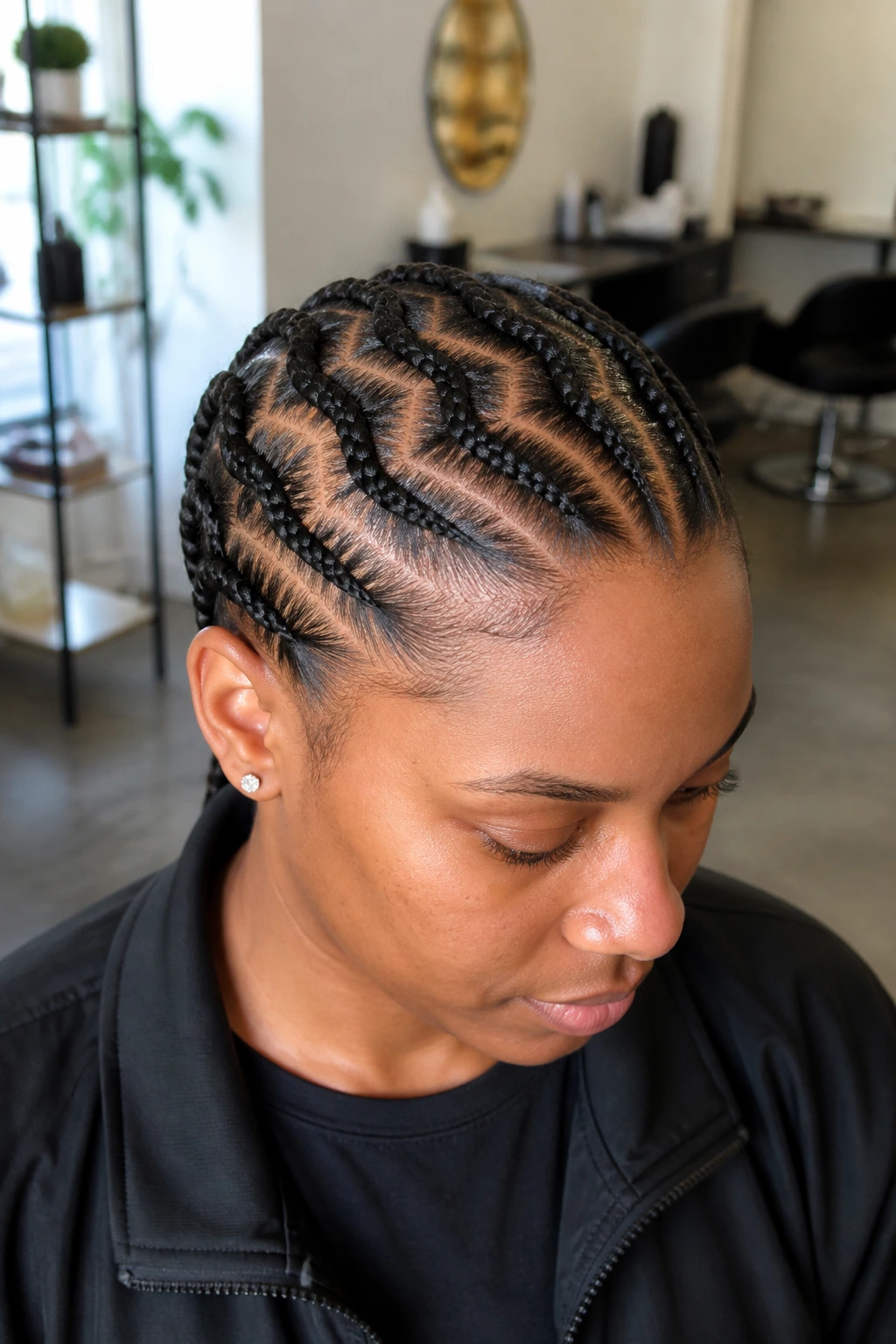 Close-up of a real Black woman with zigzag-part cornrows