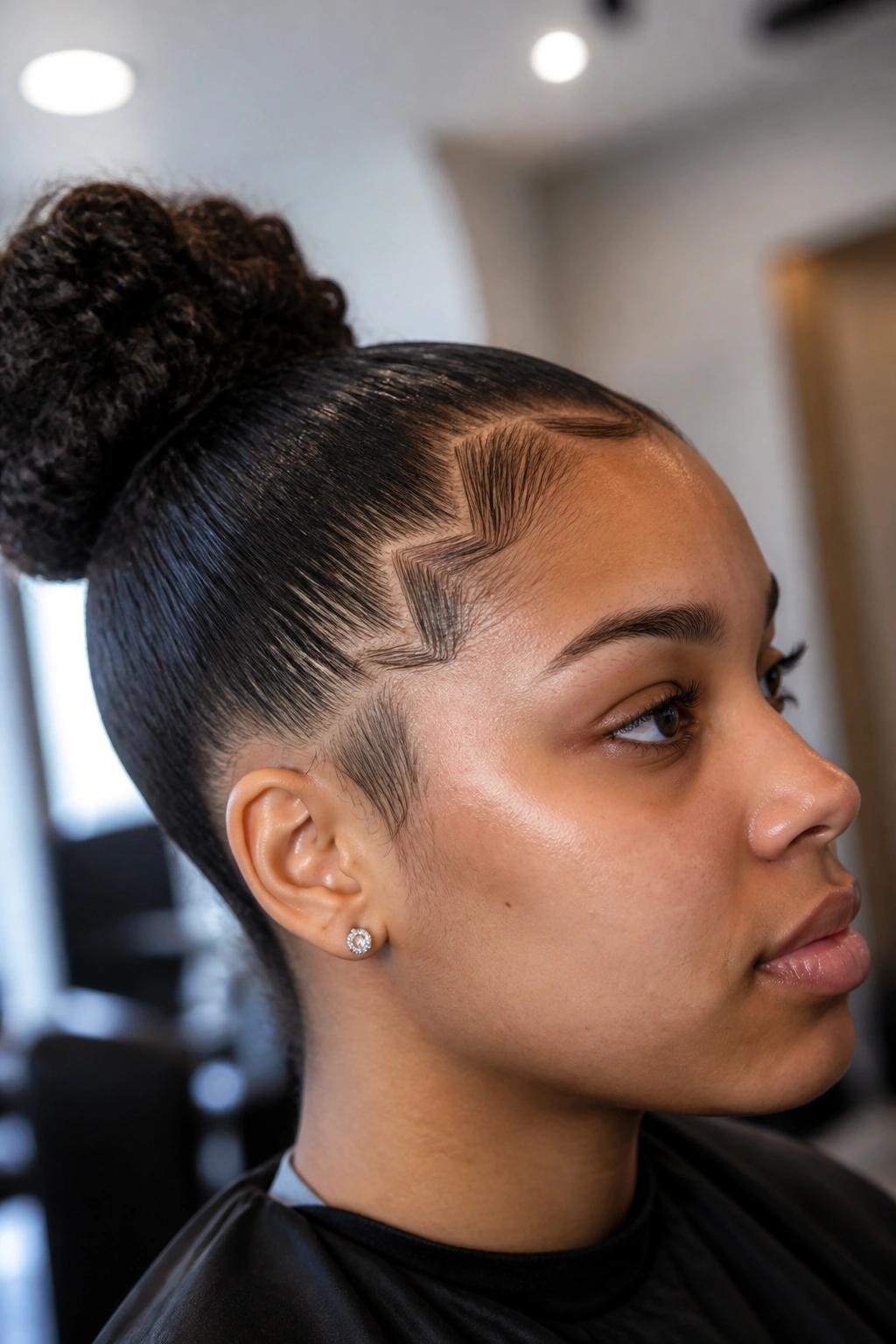 Close-up of a real woman with a zig-zag hairline detail at the front