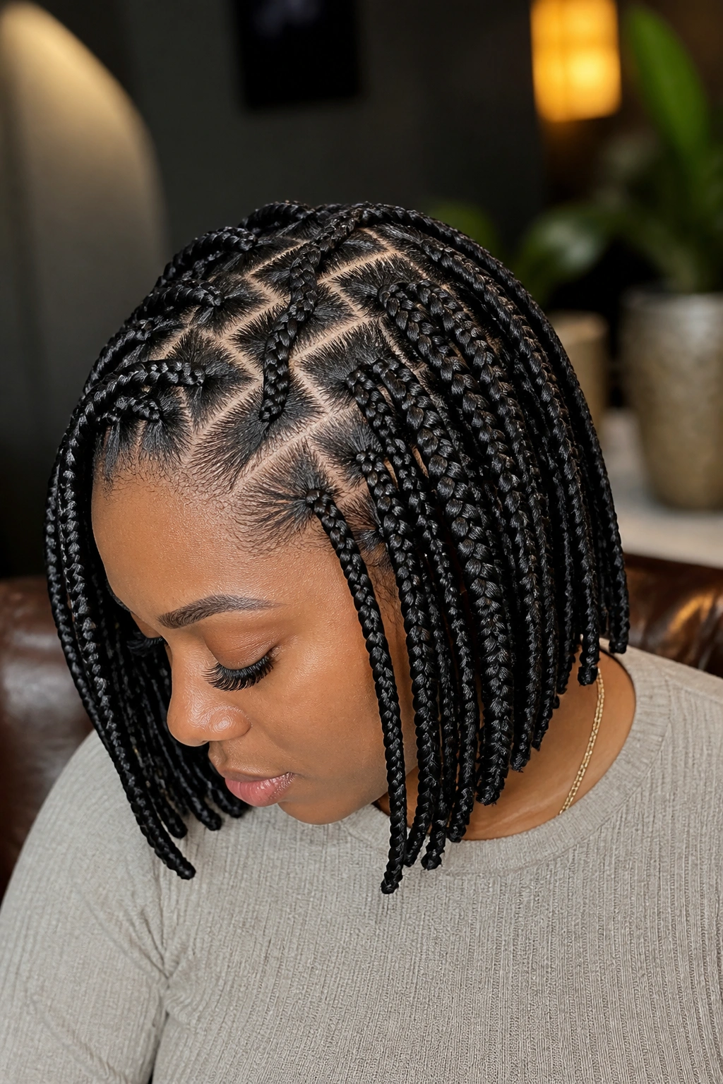 Close-up of a real woman with zigzag-part bob braids