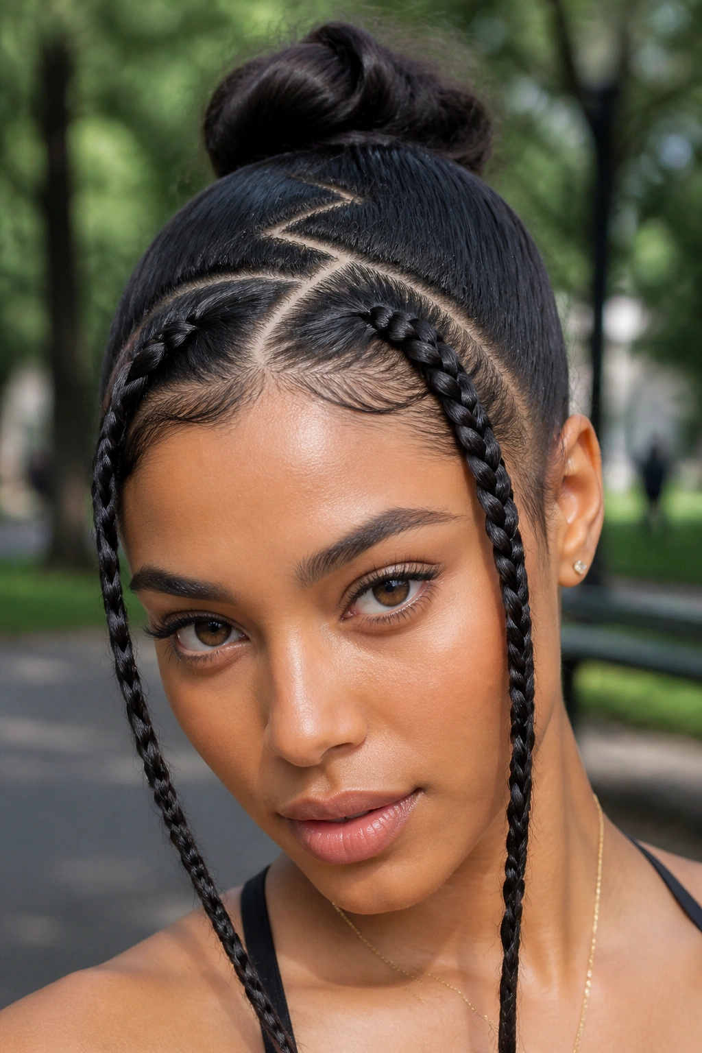Close-up of zig-zag part with two front braids on a real woman