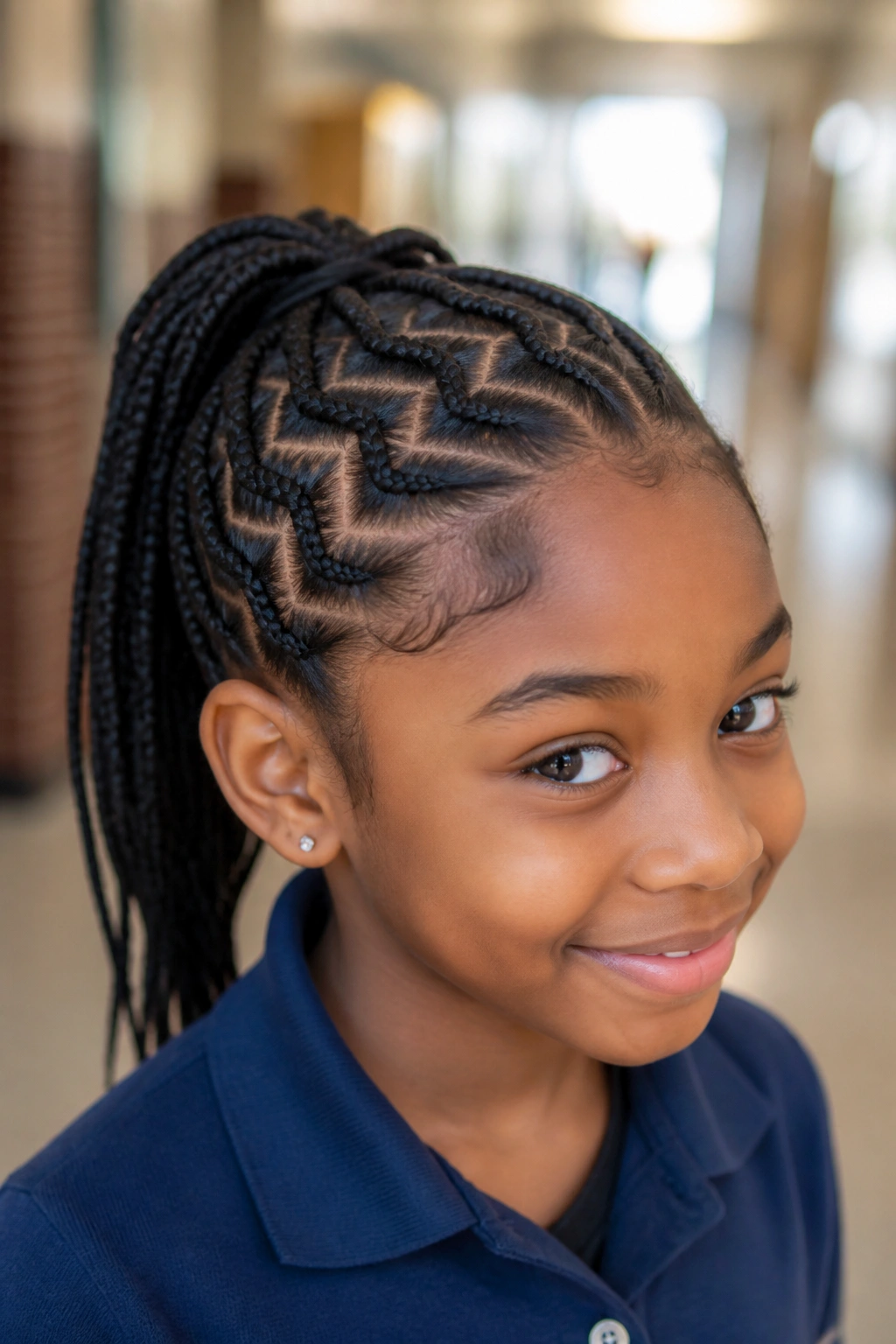 Close-up of a girl with zigzag part braids tied into a ponytail