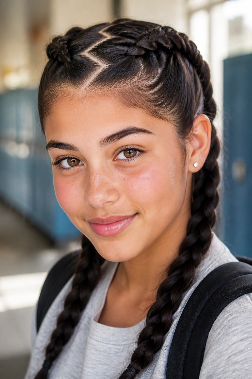 Close-up portrait of a real student with a zigzag-part double Dutch braids.