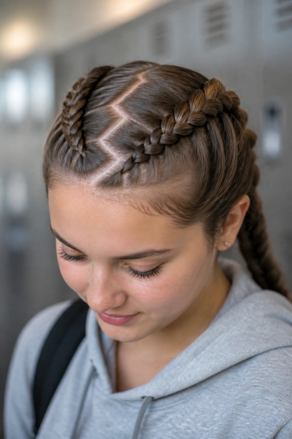 Close-up of a real teen girl with a zigzag part and two Dutch braids along the hairline