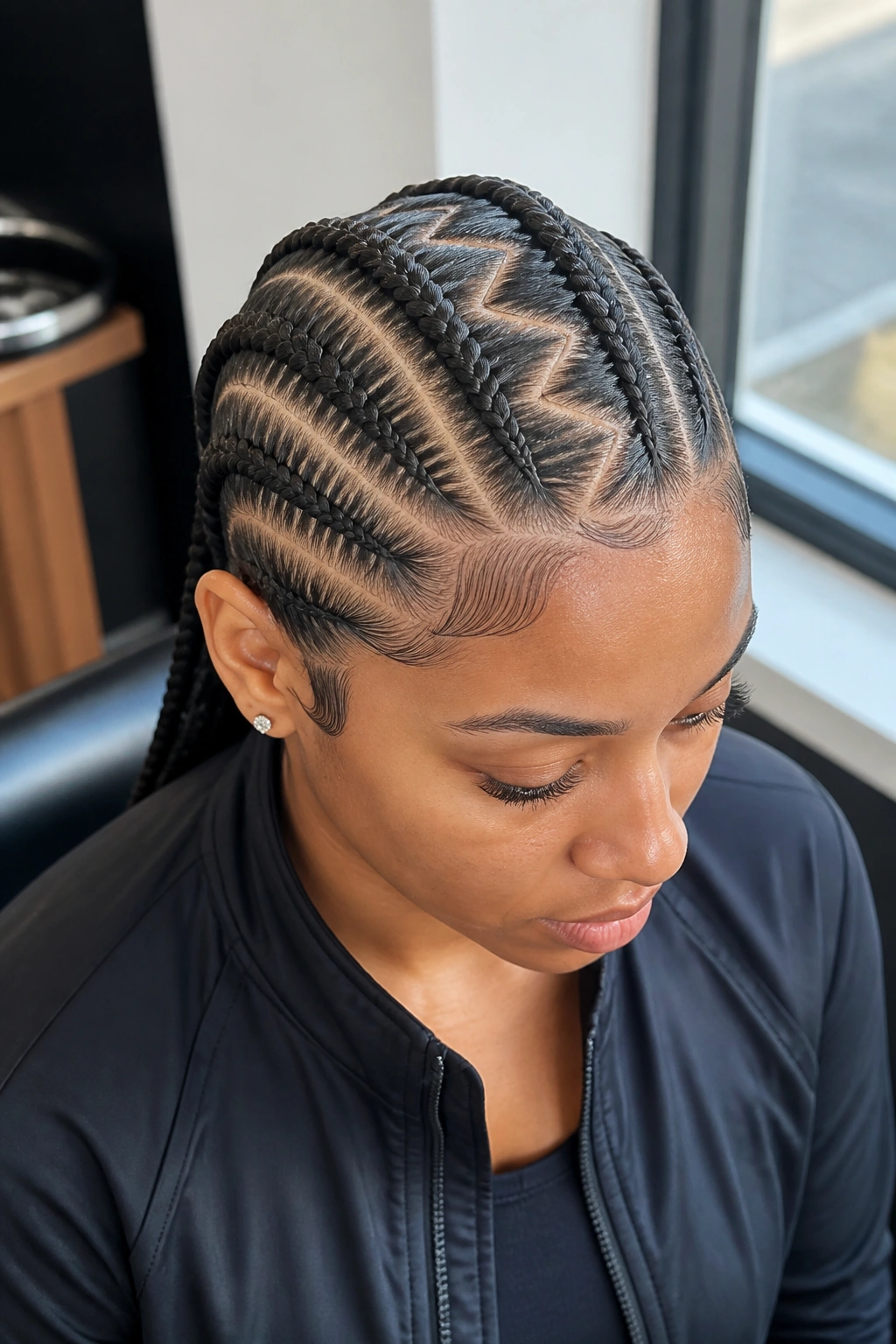 Close-up of a woman with zigzag front part and cornrows