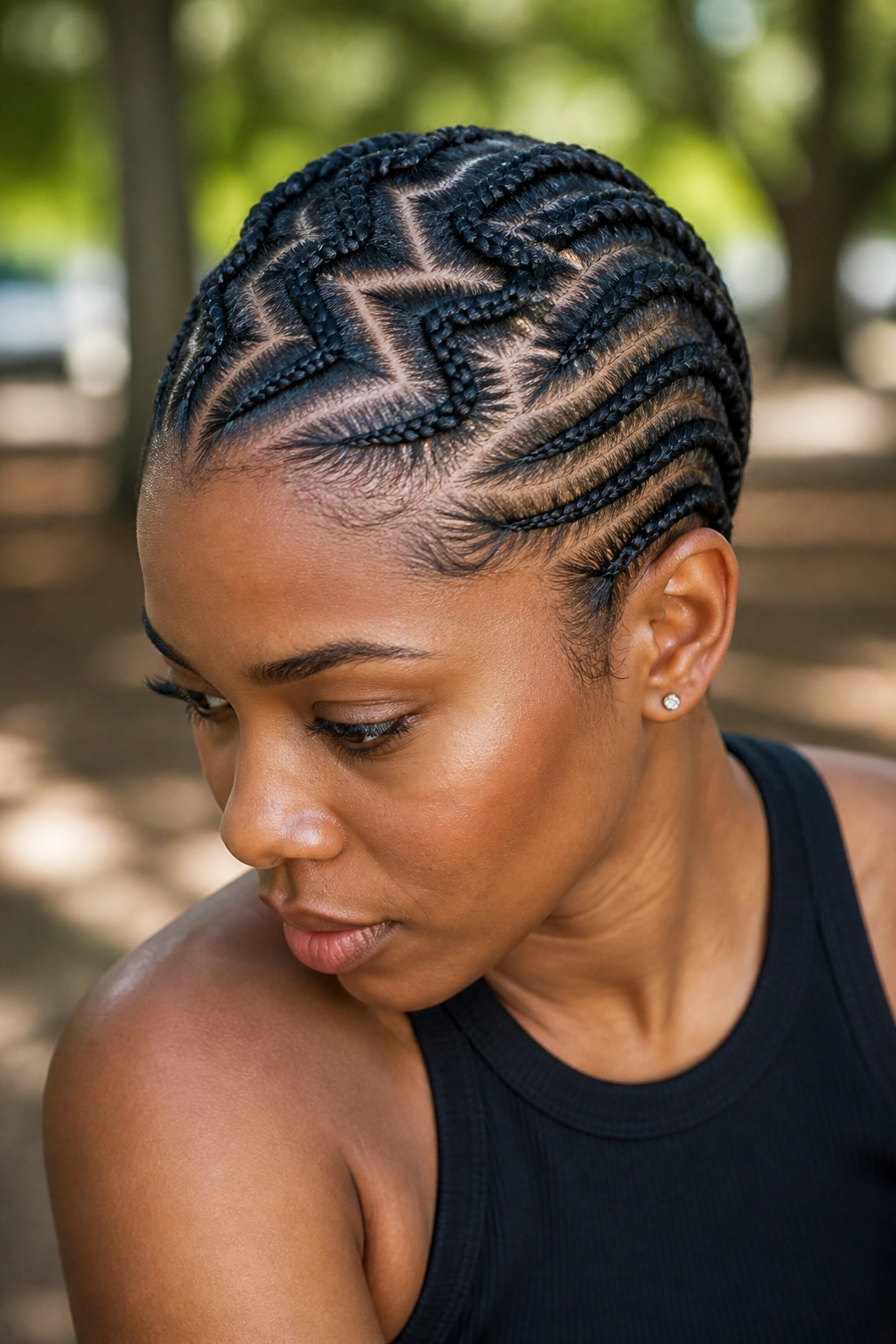 Close-up of real person with zigzag part cornrows on short hair