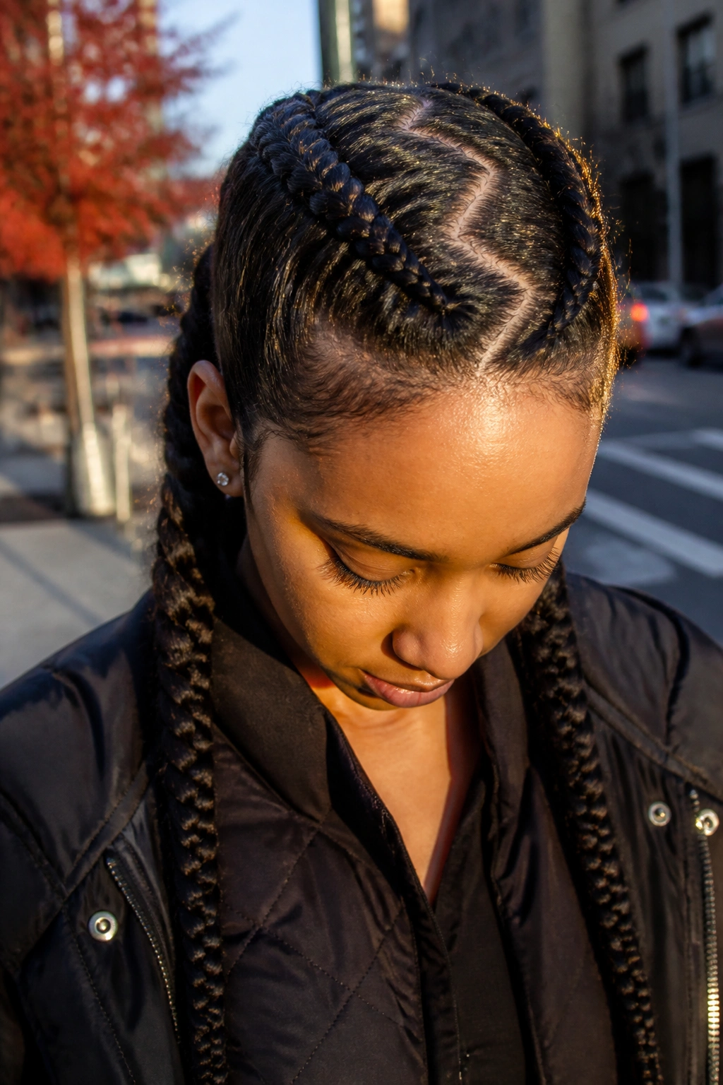 Close-up of a real woman with zigzag-part Dutch braids on top