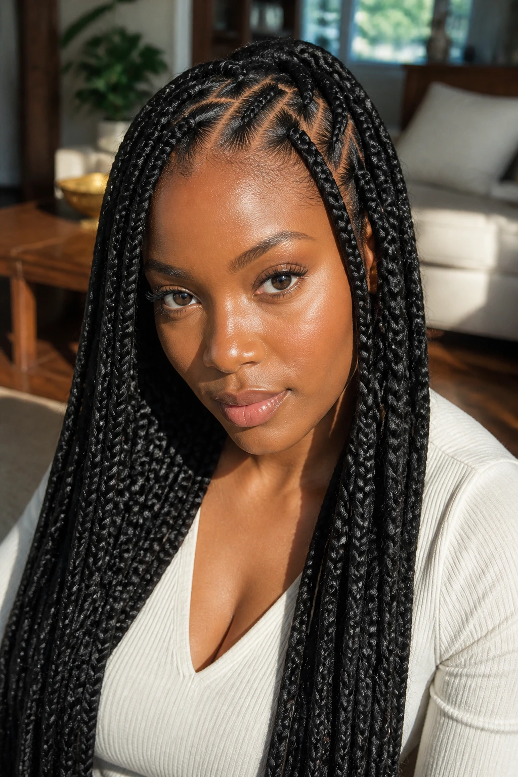 Close-up portrait of a real woman with zigzag-part Ghana braids in a sunlit living room.