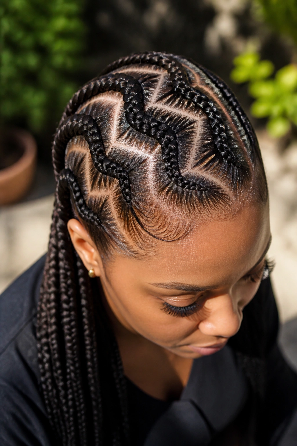 Close-up of zig-zag part lines in Ghana braids on a real person