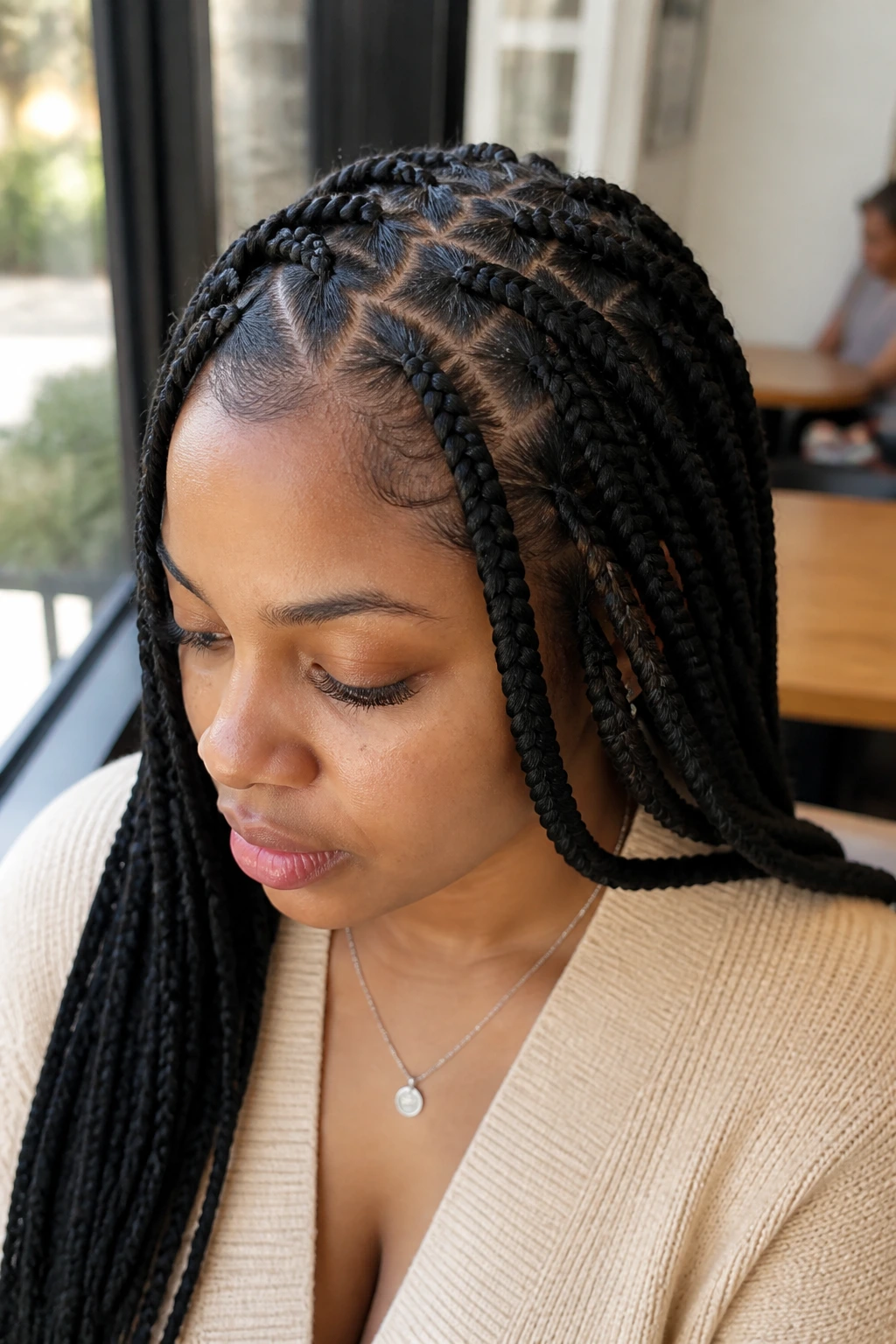 Close-up of a real woman with zigzag-part goddess braids in a sunlit cafe setting.