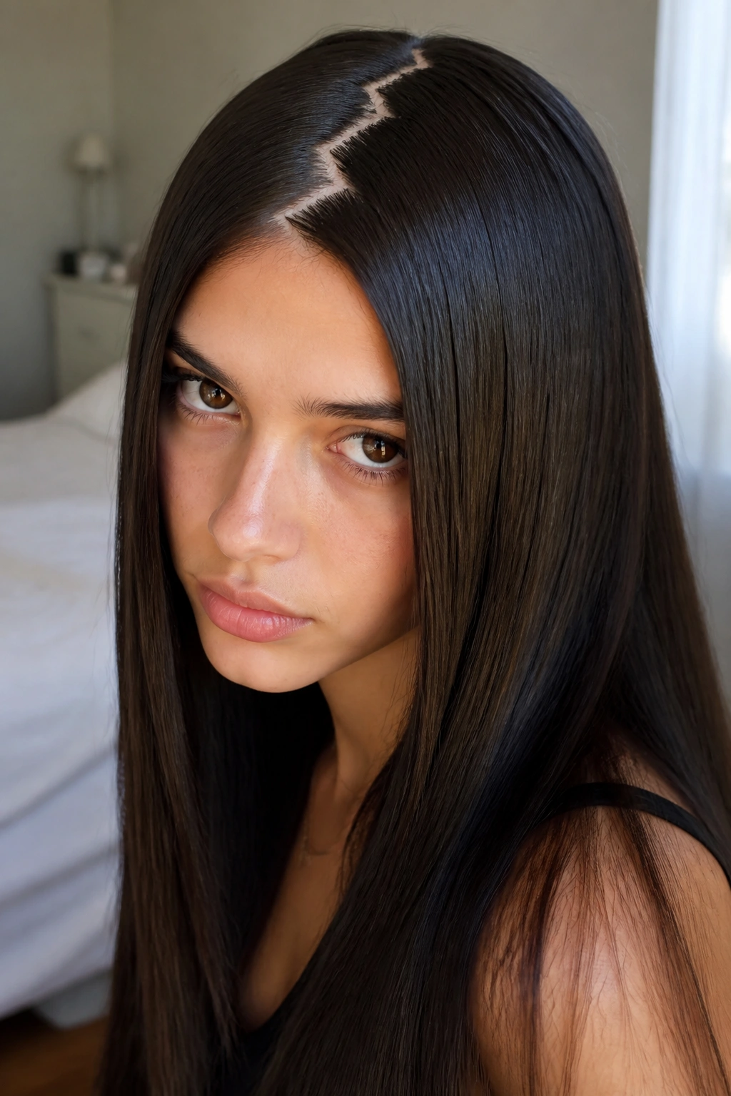 Close-up portrait of a real person with a zig-zag part and long poker-straight hair.