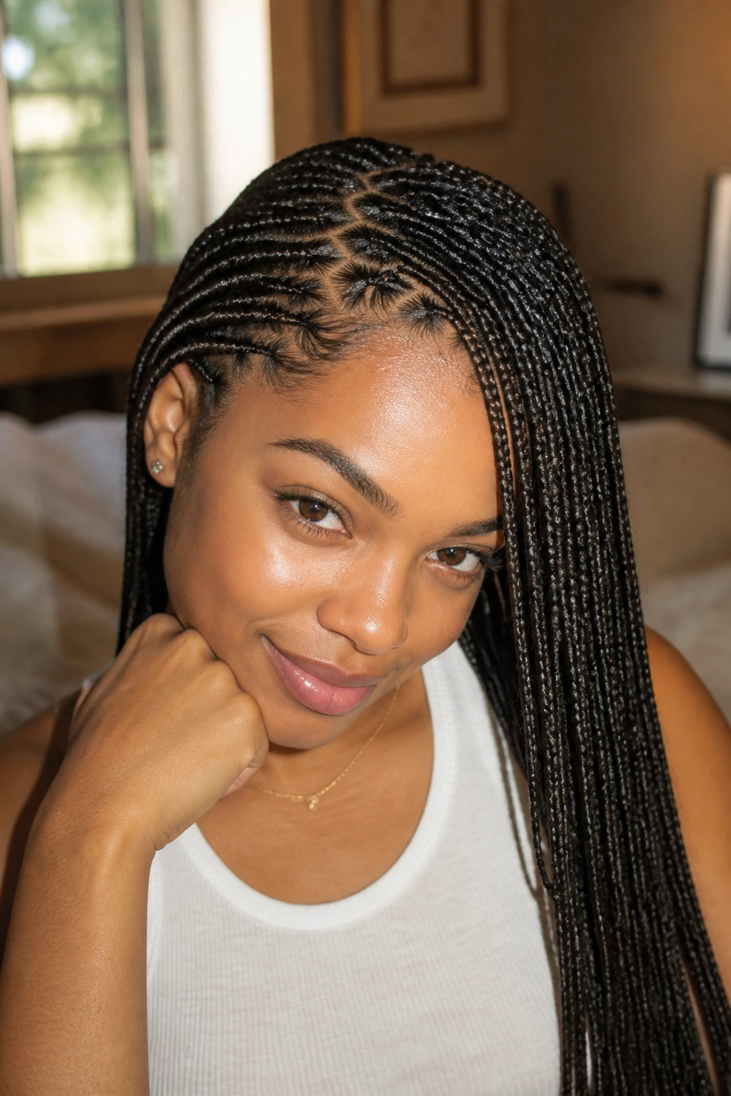 Close-up portrait of a real woman with zigzag-part micro braids under natural window light