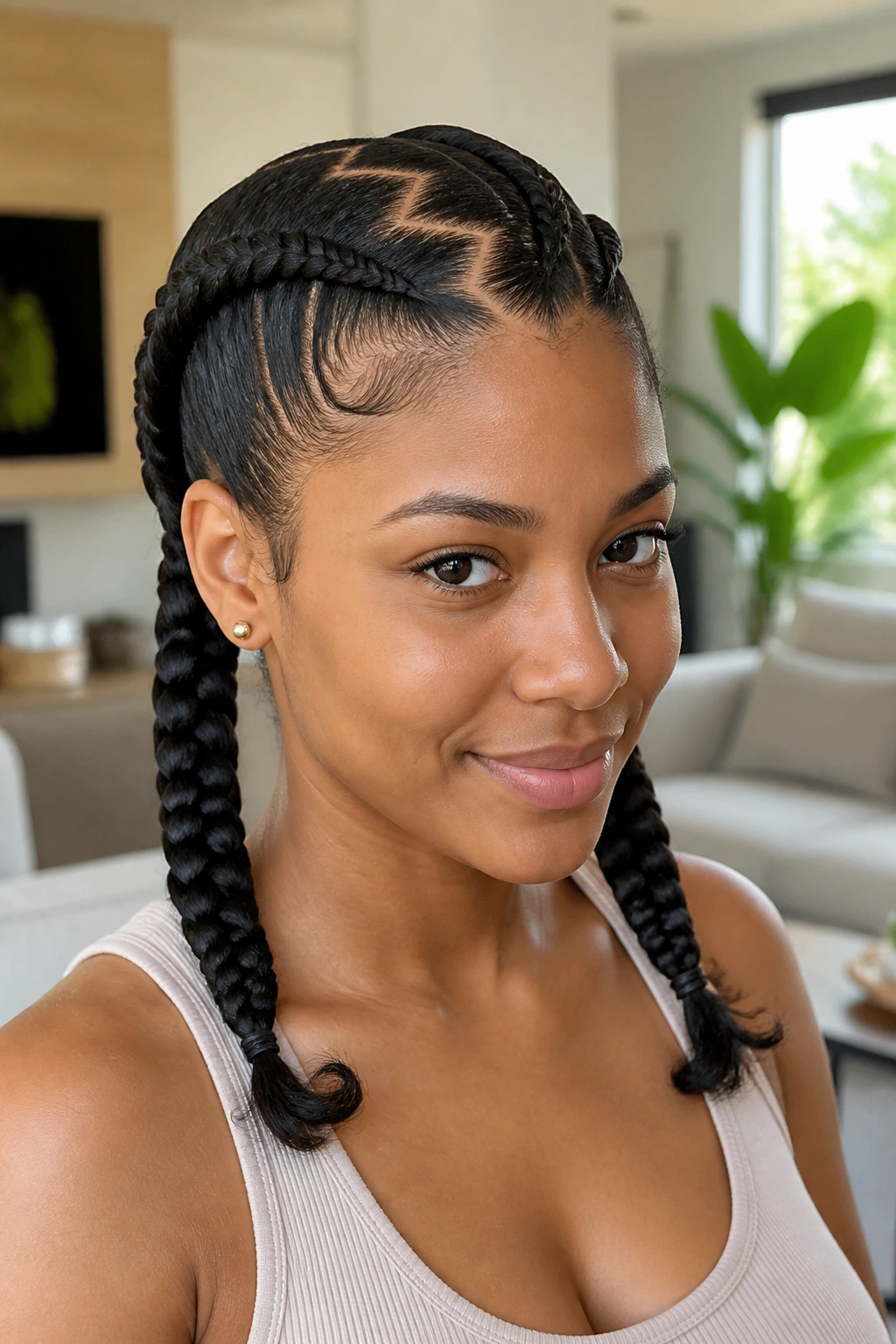 Real woman with zigzag part and twin plaits, close-up portrait