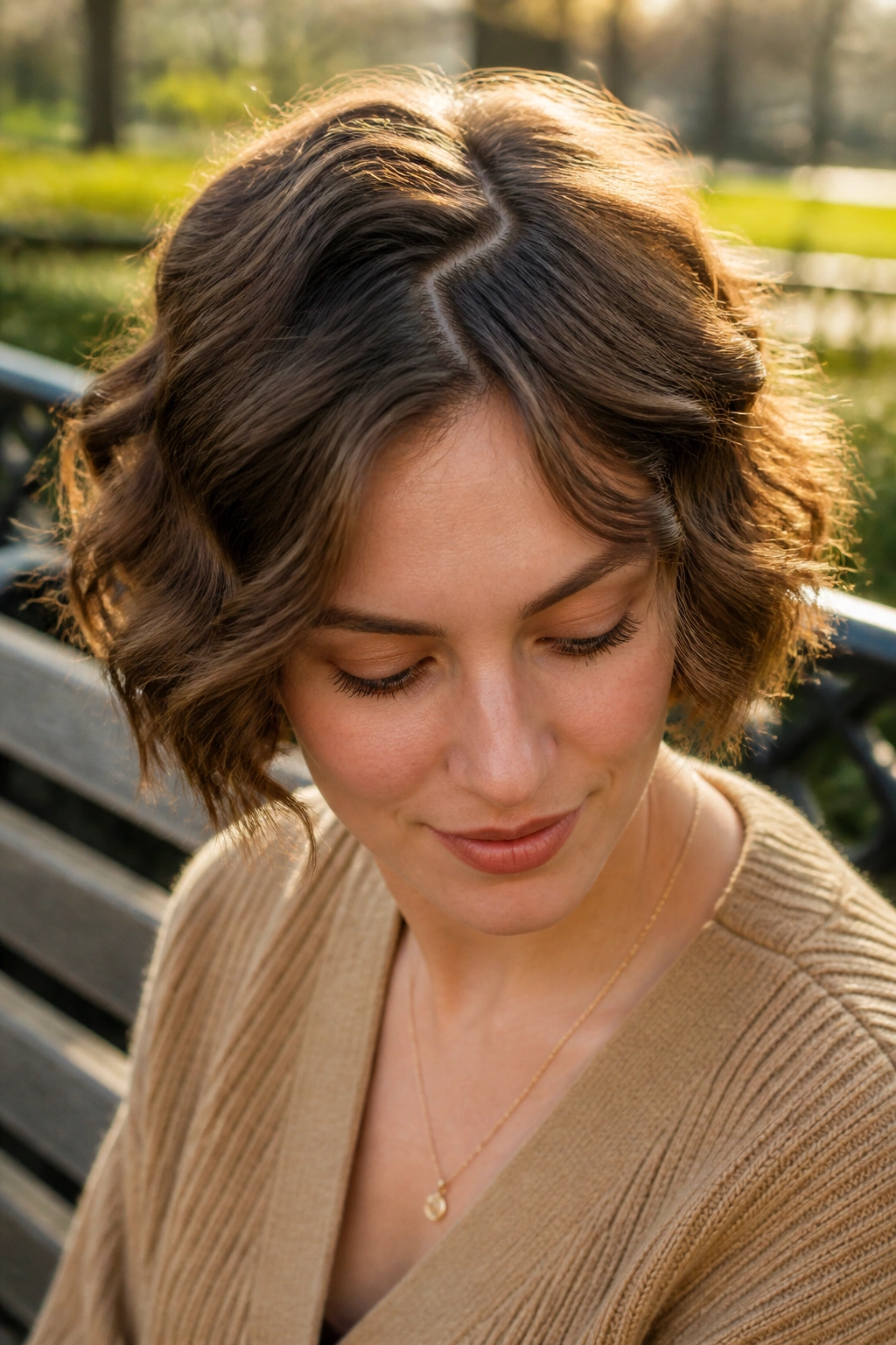 Close-up of real woman with zigzag part waves
