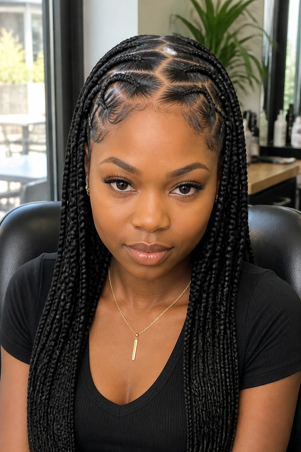 Close-up of a real woman with zig-zag parting braids in a salon setting