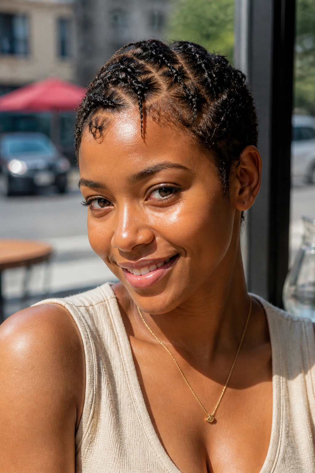 Close-up of pixie with zigzag-parted tiny front braids.