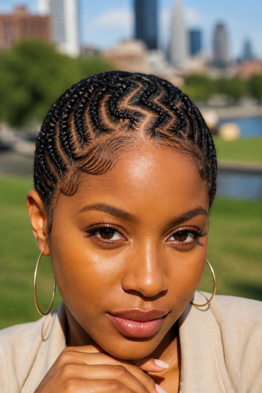 Close-up of a real Black woman with zigzag pixie braids