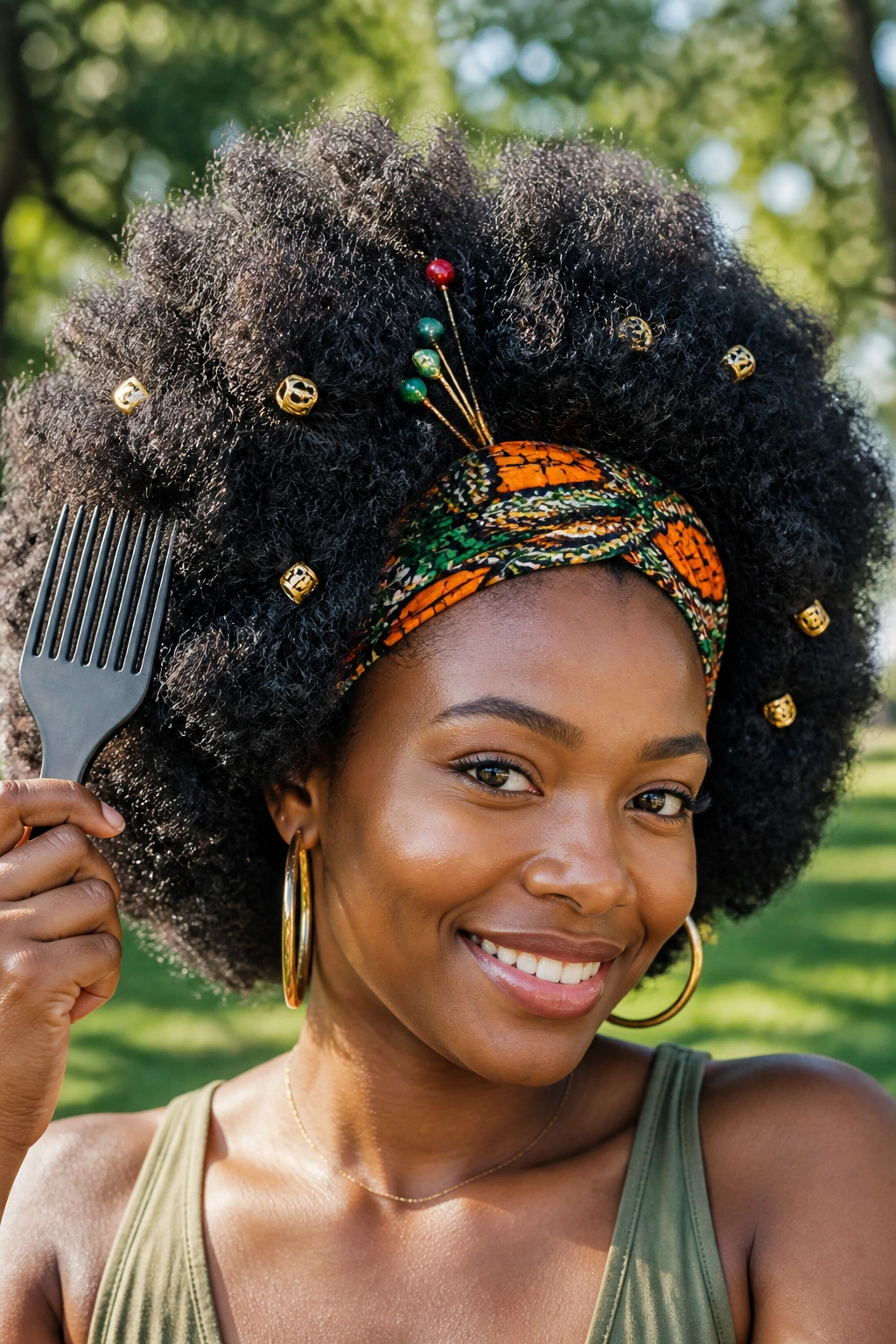 Close-up of a real woman with a large afro wearing hair accessories in a sunny park