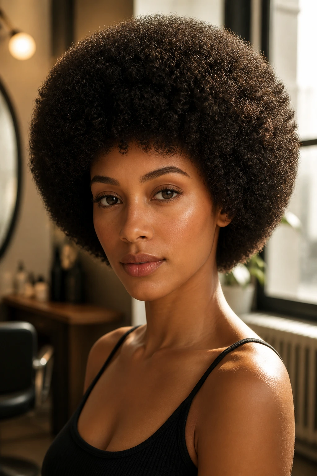 Close-up of a real woman with a spherical rounded Afro hairstyle