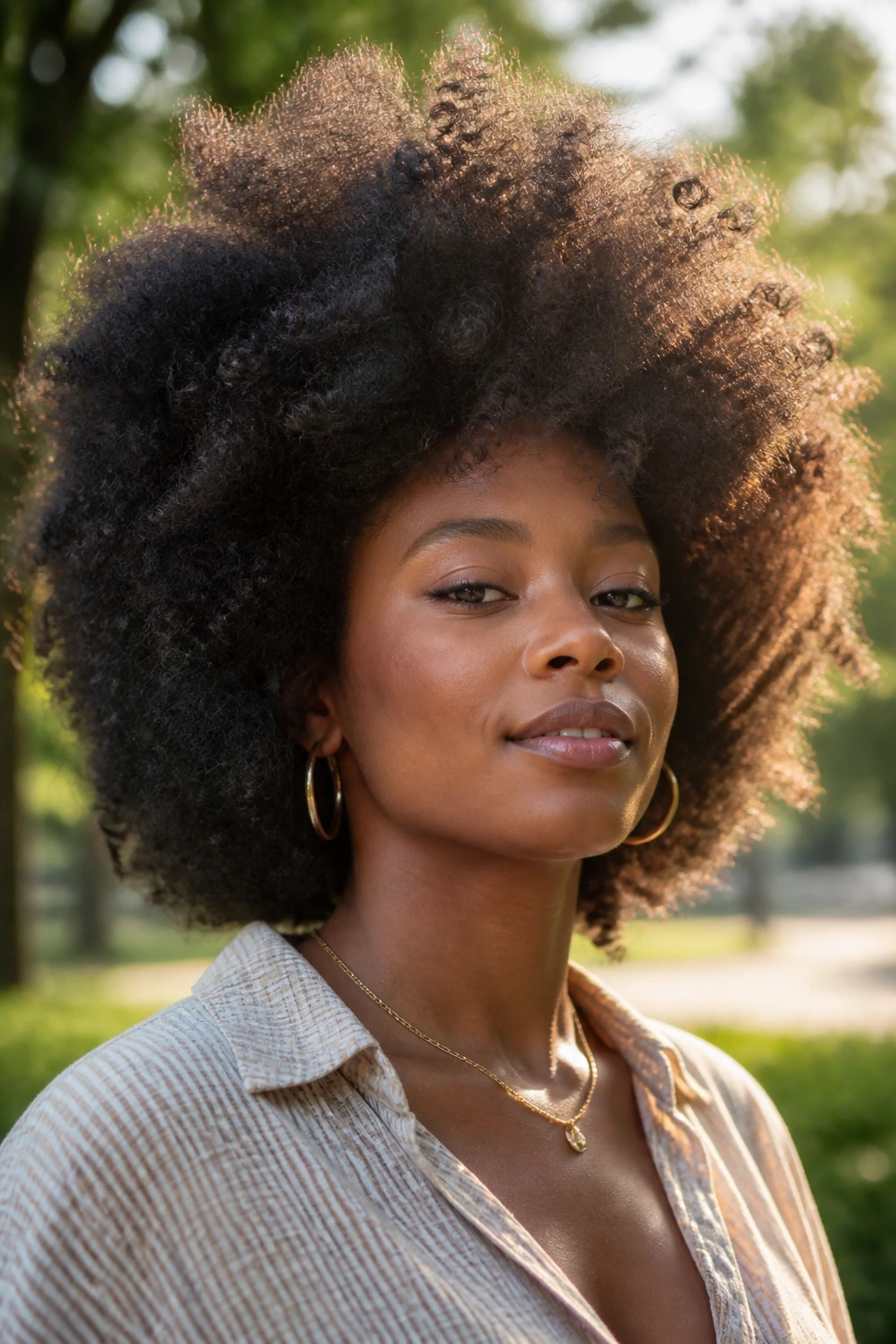 Close-up of a real person with a voluminous Afro shape in sunlight