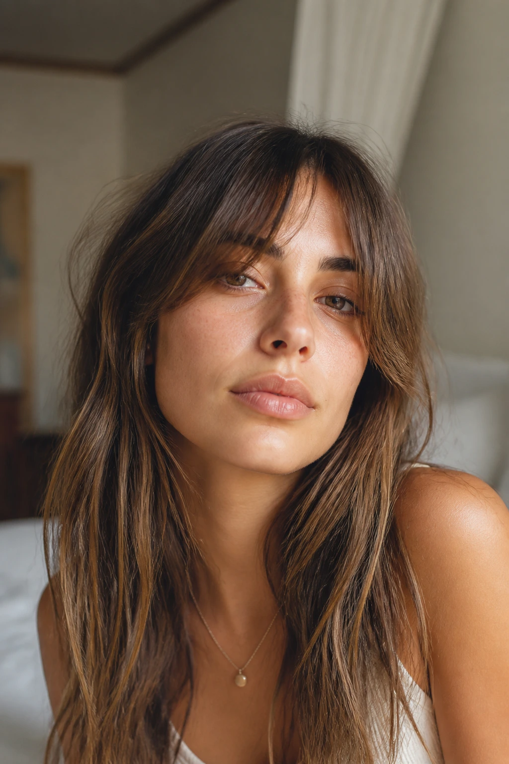 Close-up of a woman with natural air-dried curtain bangs in morning light