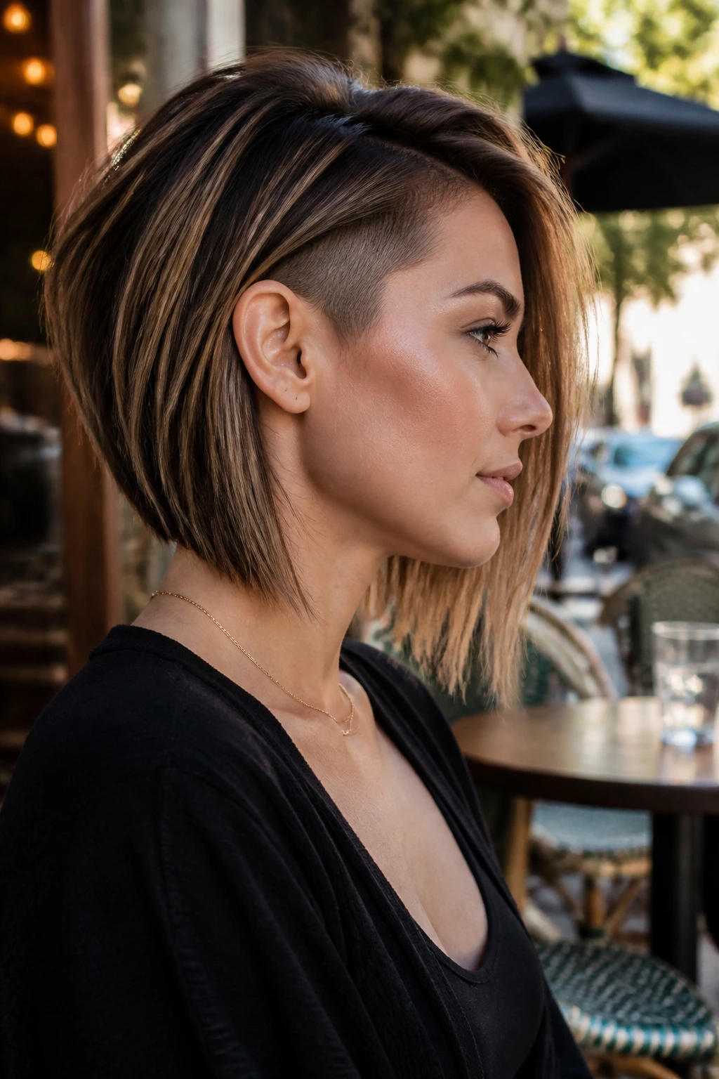 Profile of a real woman with angled lob and graduated undercut.