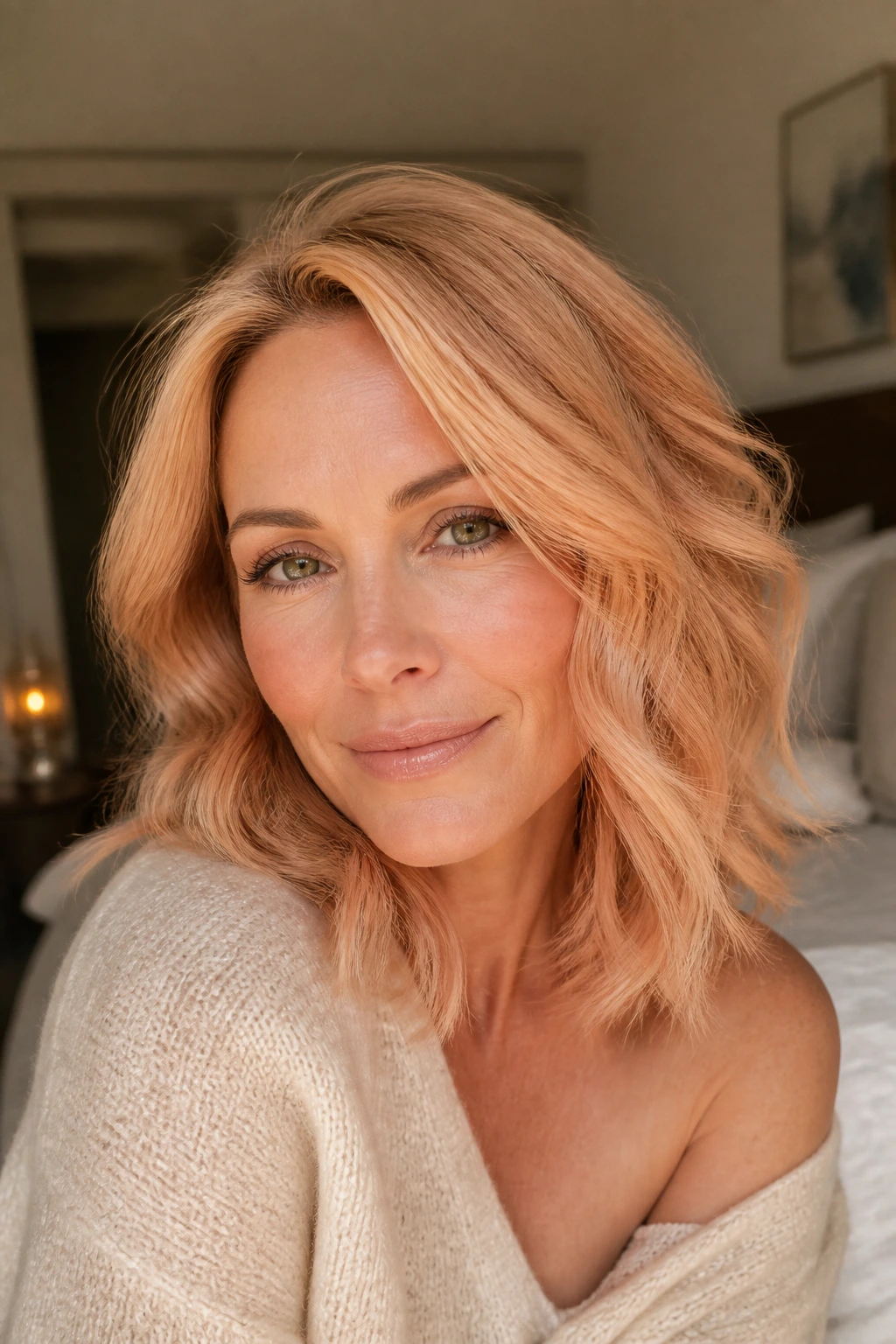 Close-up portrait of a woman with warm apricot-toned hair in natural window light