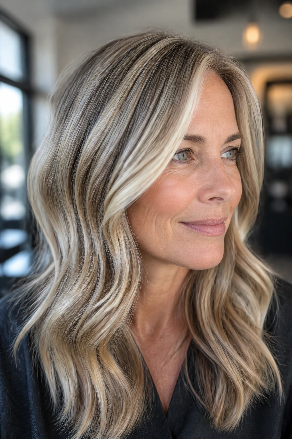 Close-up of a real woman with ash-blonde lowlights adding dimension in cool window light