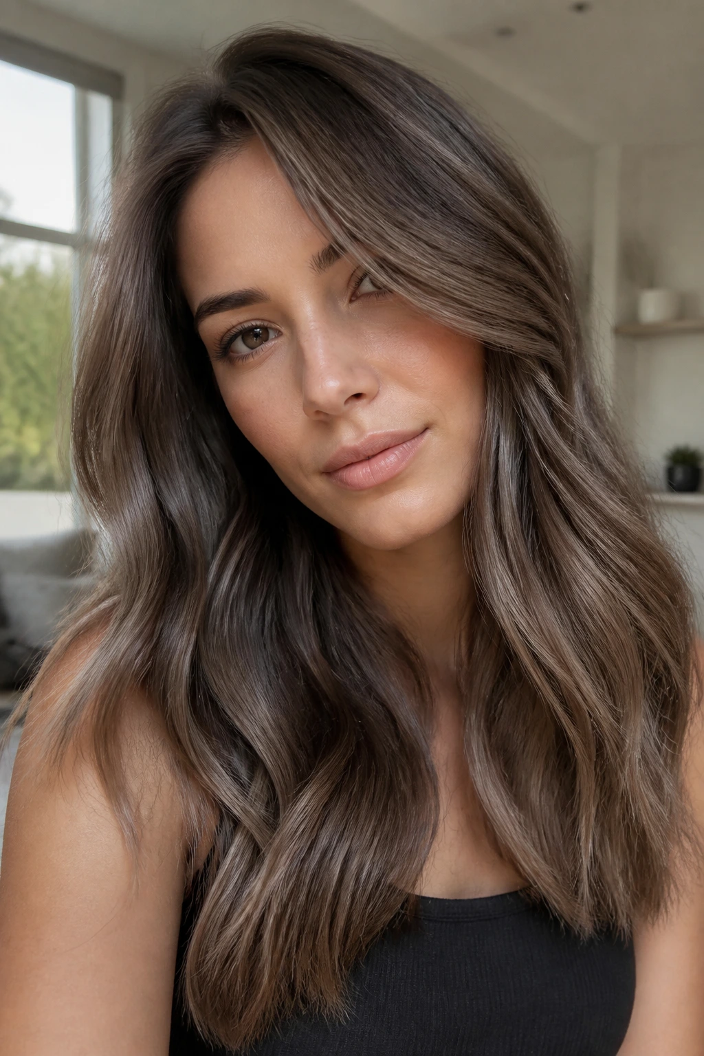 Close-up of a real woman with ash-brown hair and cool undertones in soft daylight.