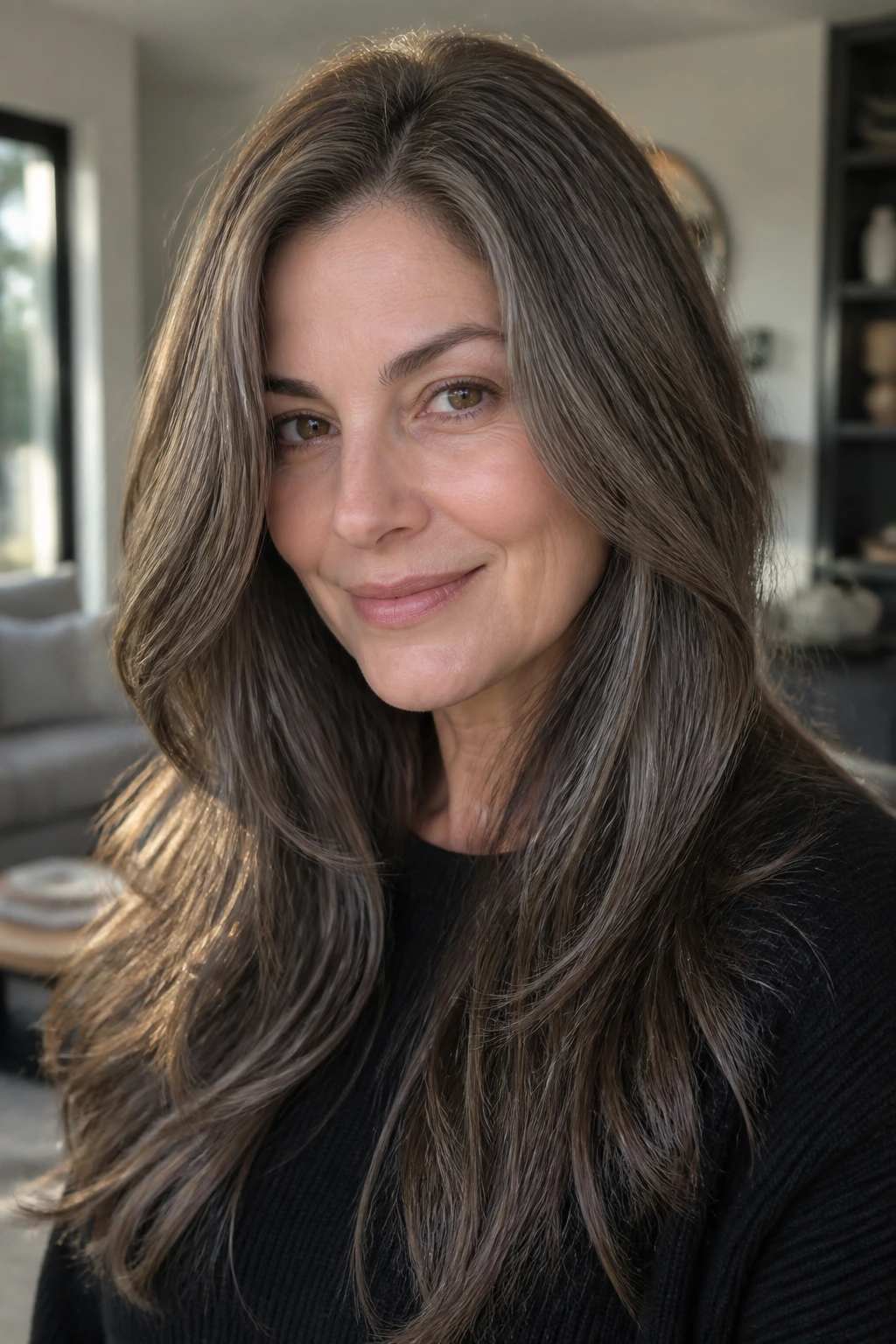 Close-up portrait of a real woman with cool ash brown hair and grey lowlights