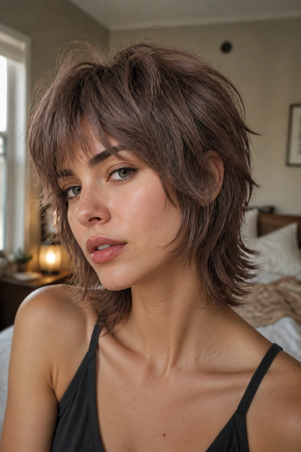Close-up of real woman with ash brown short wolf cut in natural window light