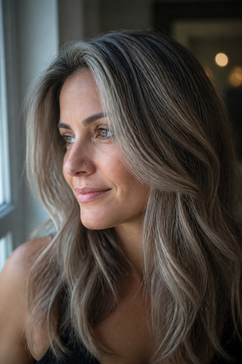 Woman with cool ash highlights blending with light brown hair