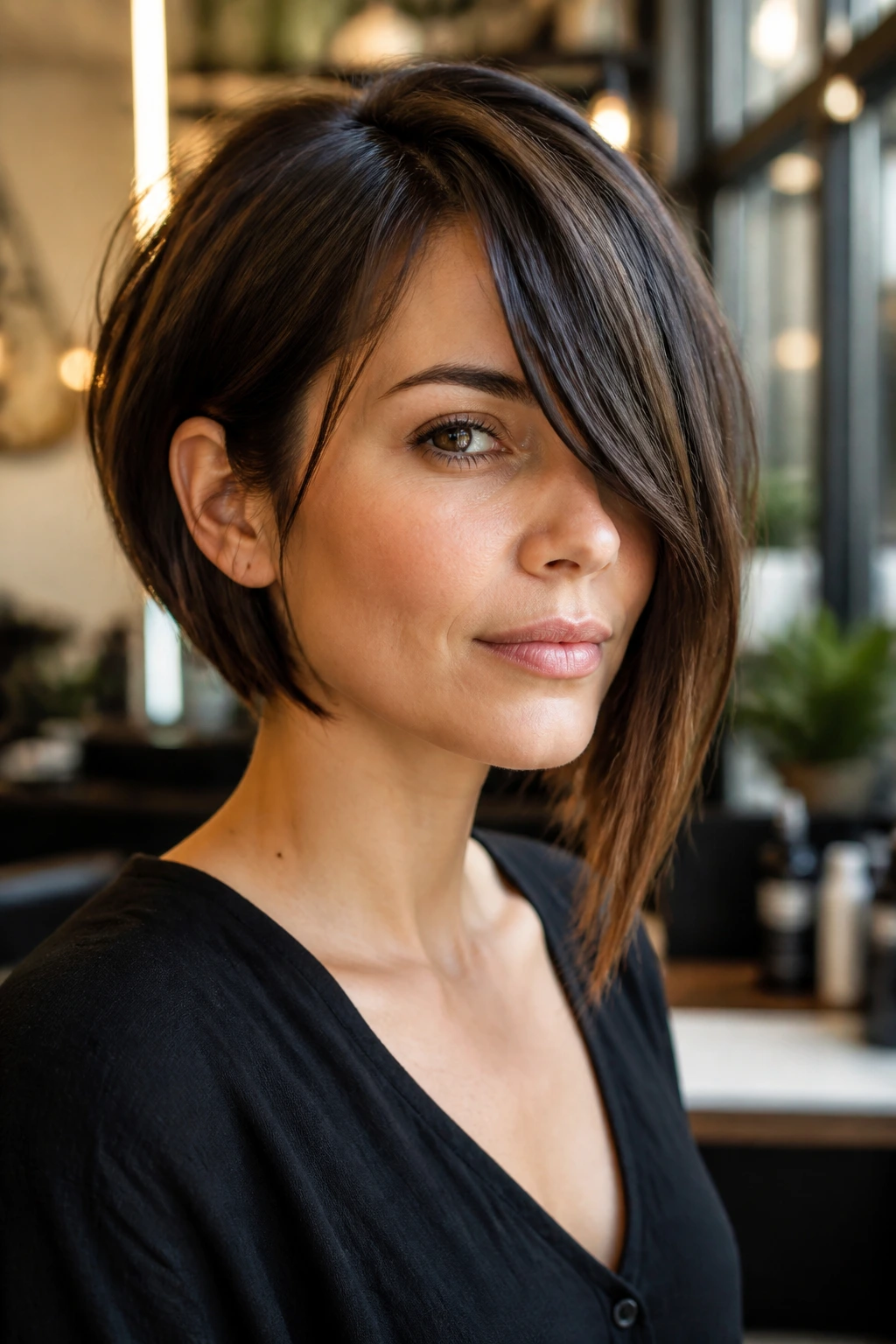 Three-quarter profile of real person with asymmetrical bob and eye-length side-swept bangs
