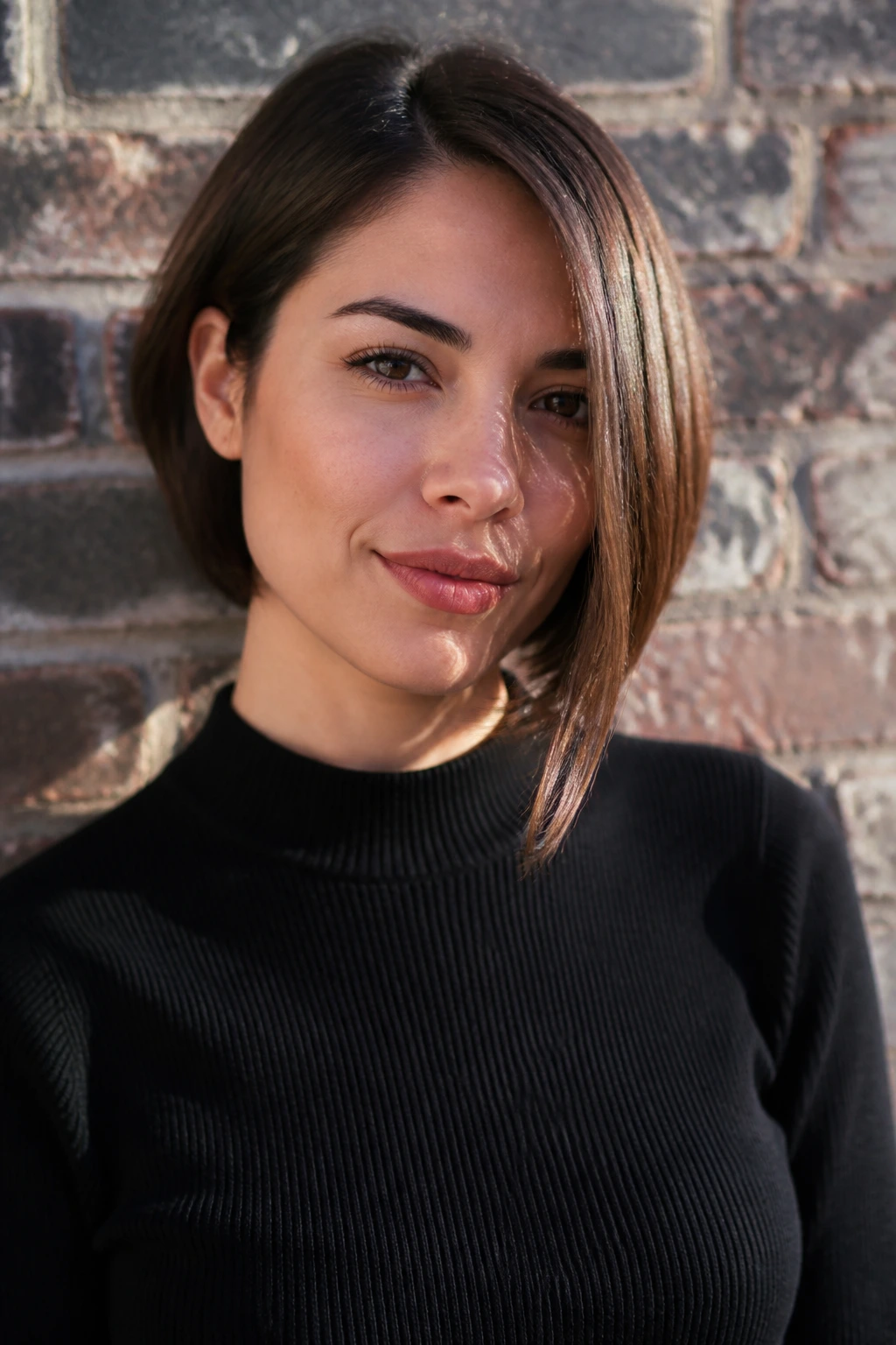 Three-quarter portrait of a real person with an asymmetrical bob