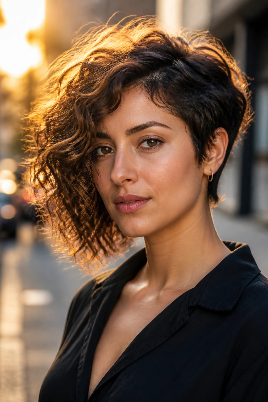 Three-quarter profile of a real person with asymmetrical curly crop